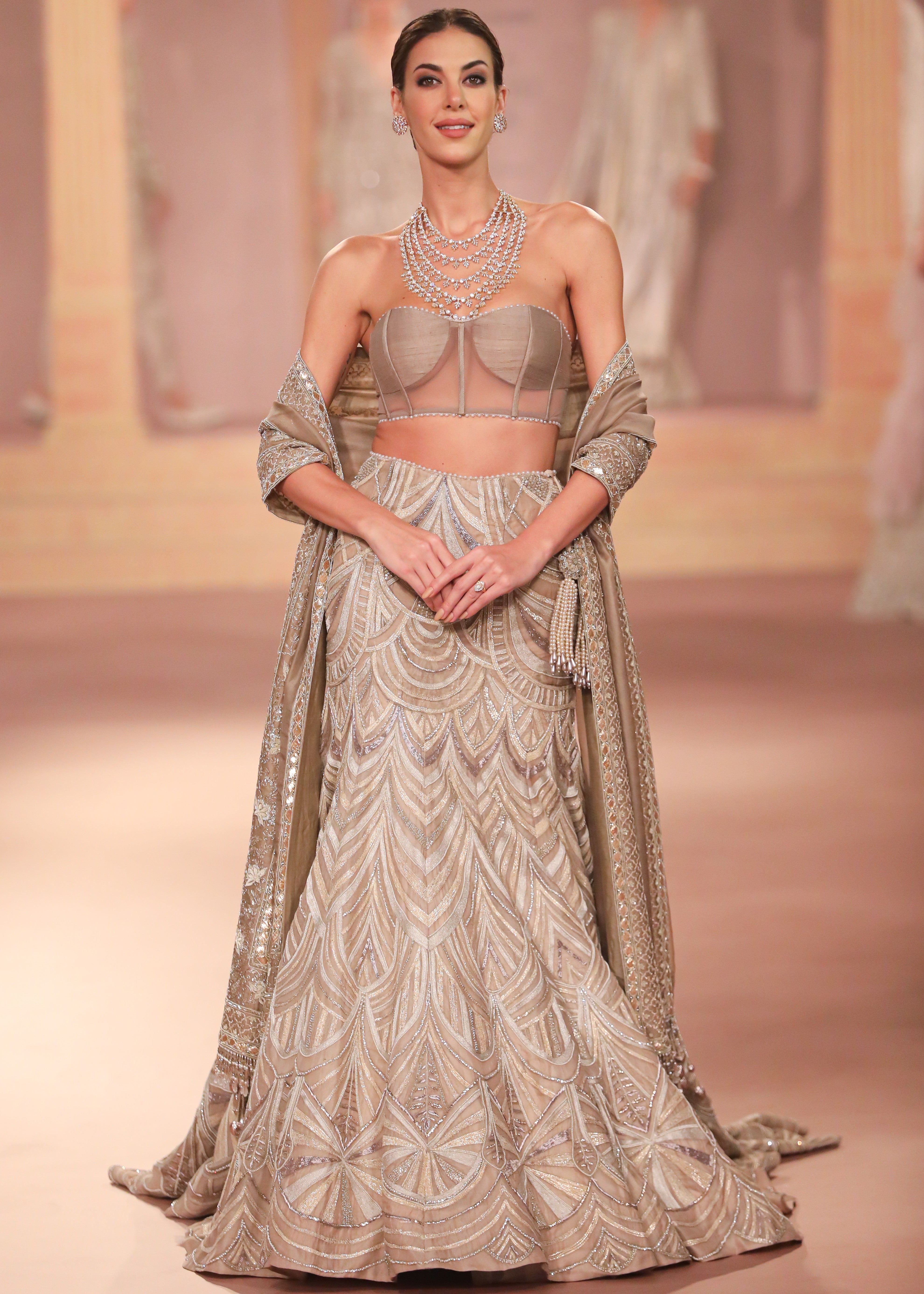 Beige Gold Pearl Lehenga Set