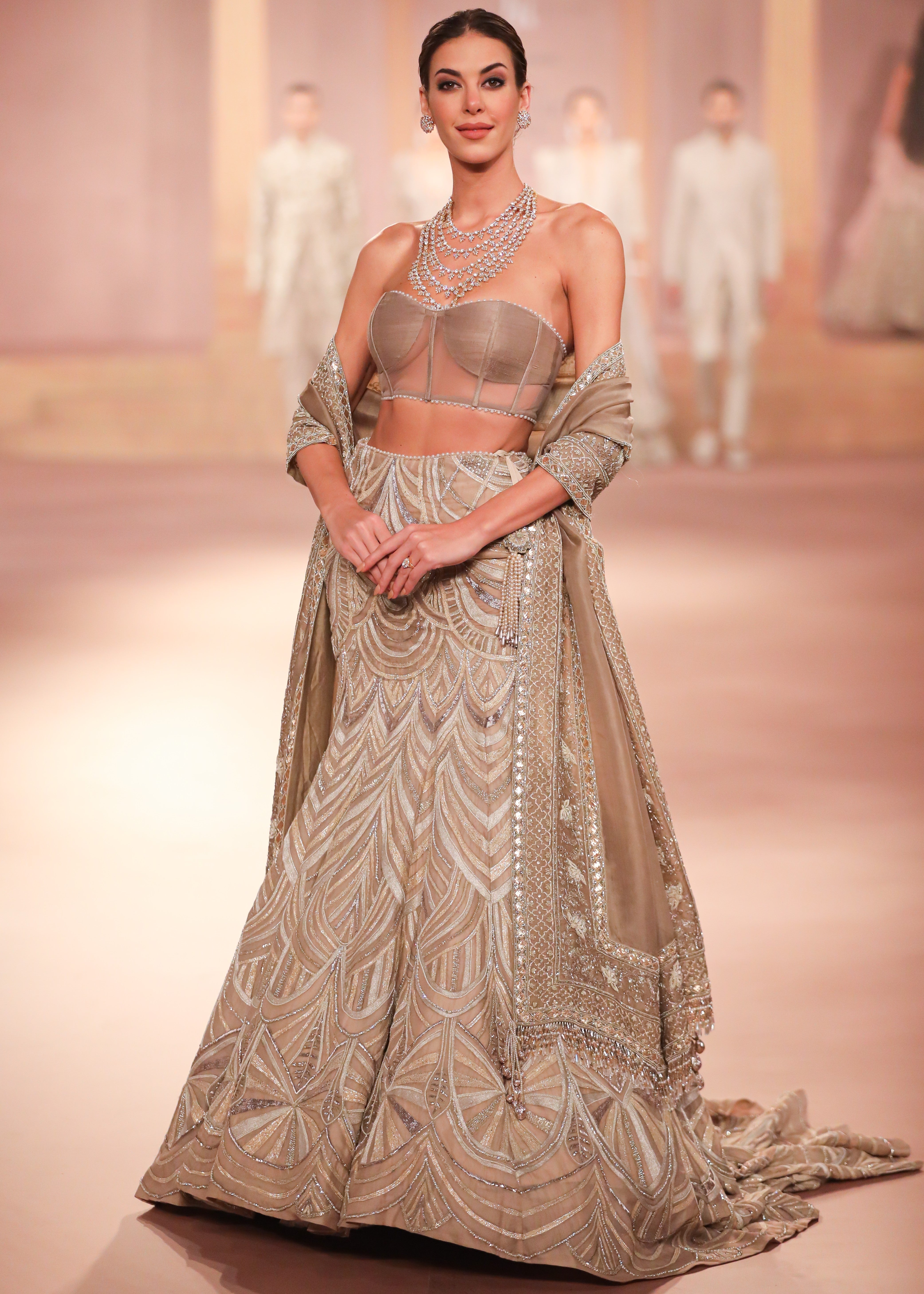 Beige Gold Pearl Lehenga Set