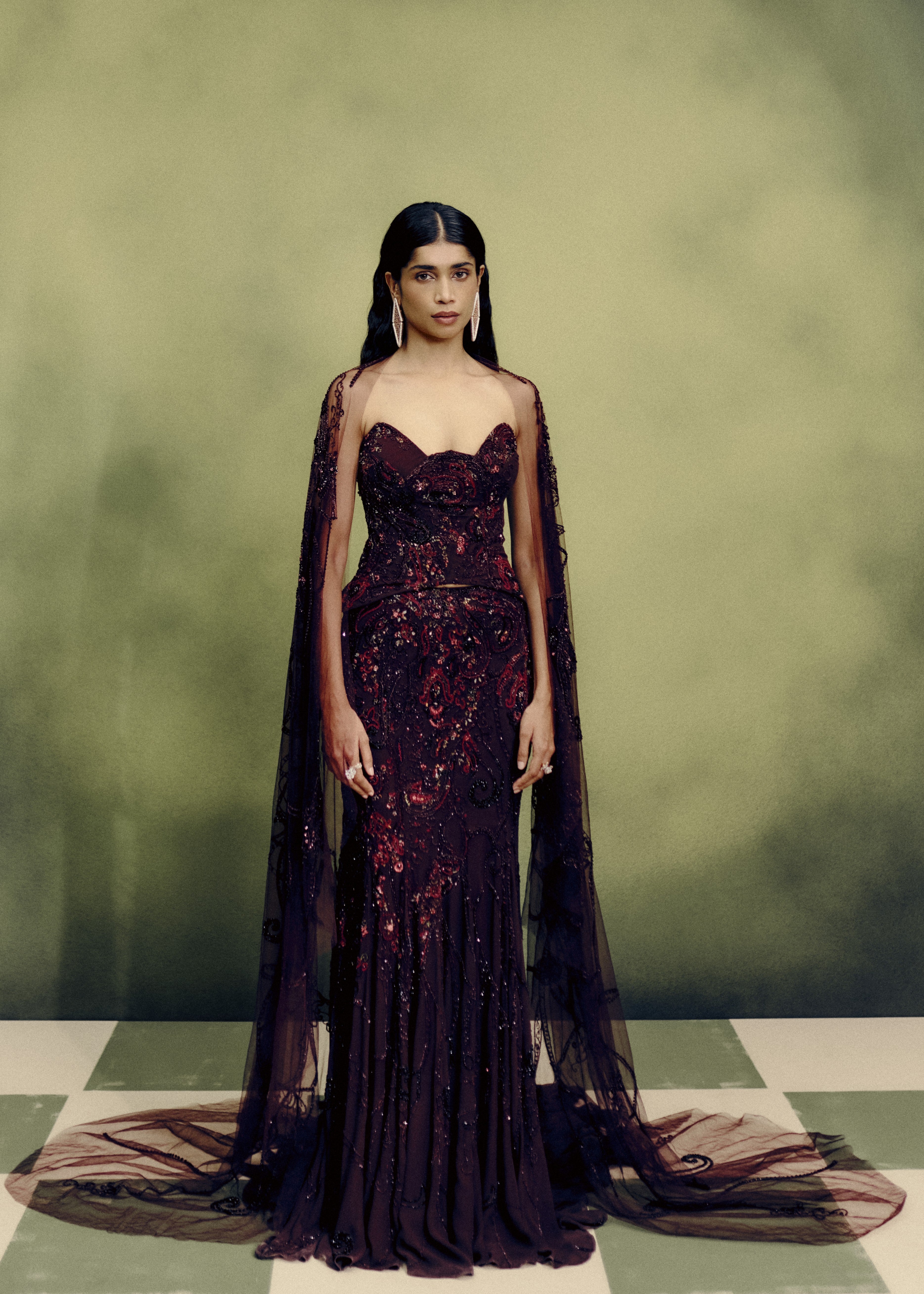 Gilded Carmine Corset & Skirt Set With Cape Drape