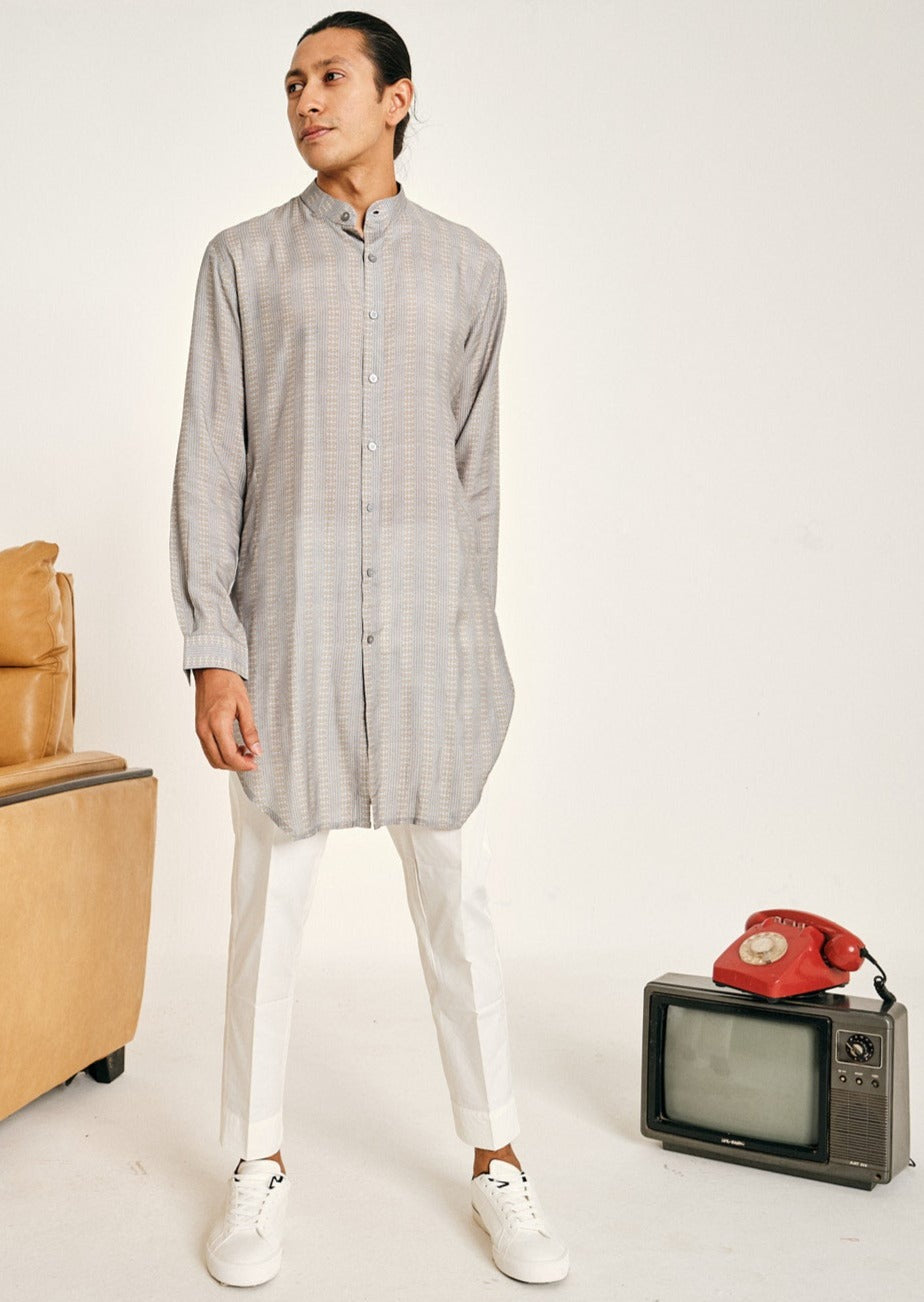 Grey Stripe Malai Cotton Kurta Pajama Set