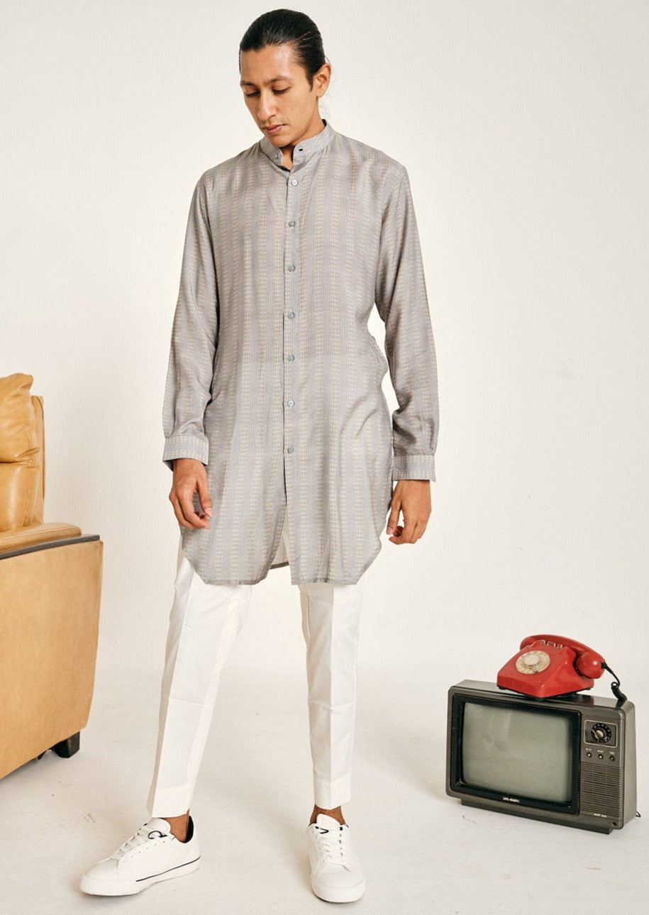 Grey Stripe Malai Cotton Kurta Pajama Set