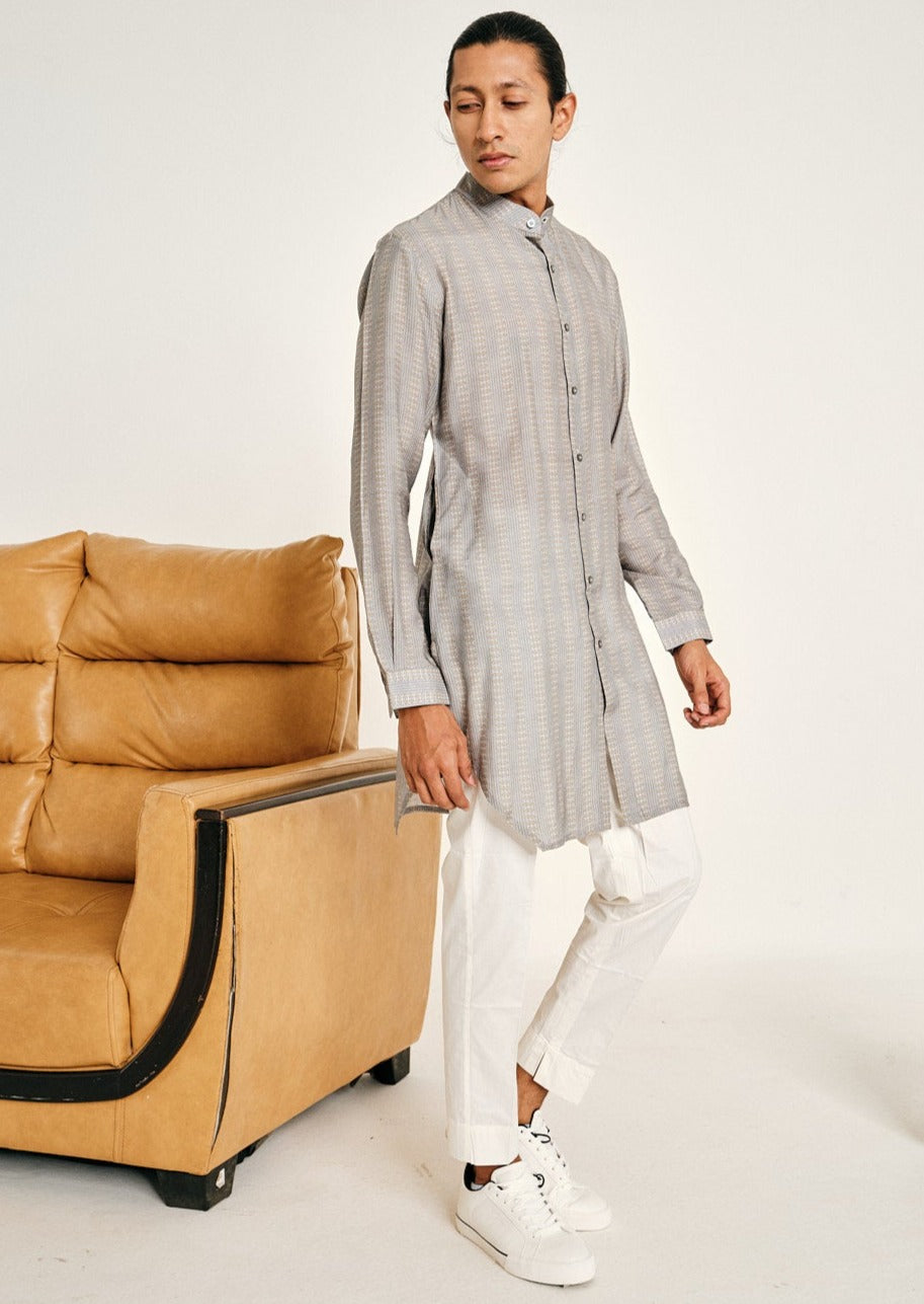 Grey Stripe Malai Cotton Kurta Pajama Set