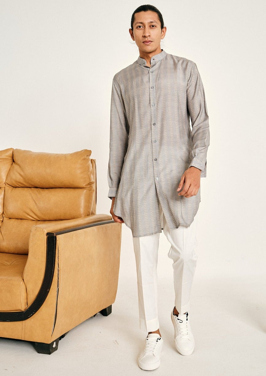 Grey Stripe Malai Cotton Kurta Pajama Set