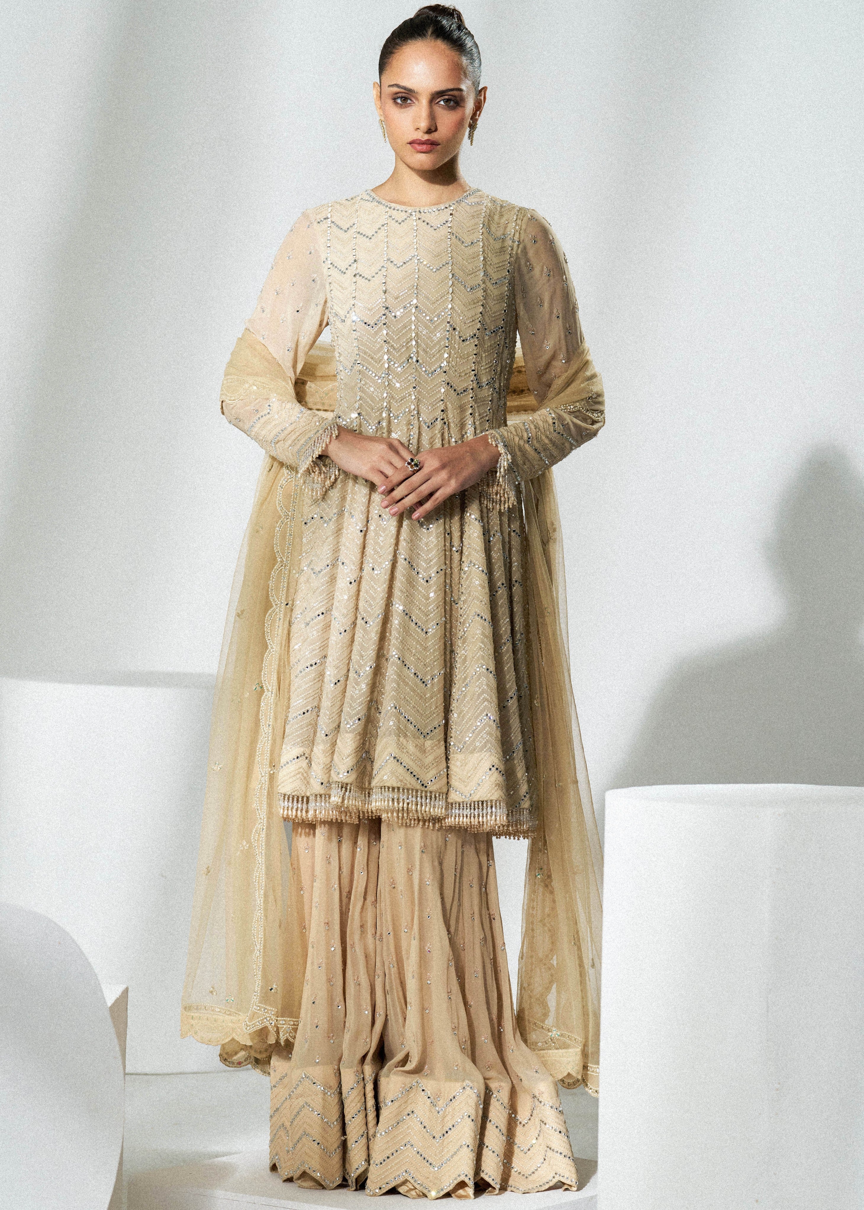 Beige Chevron Sharara Set