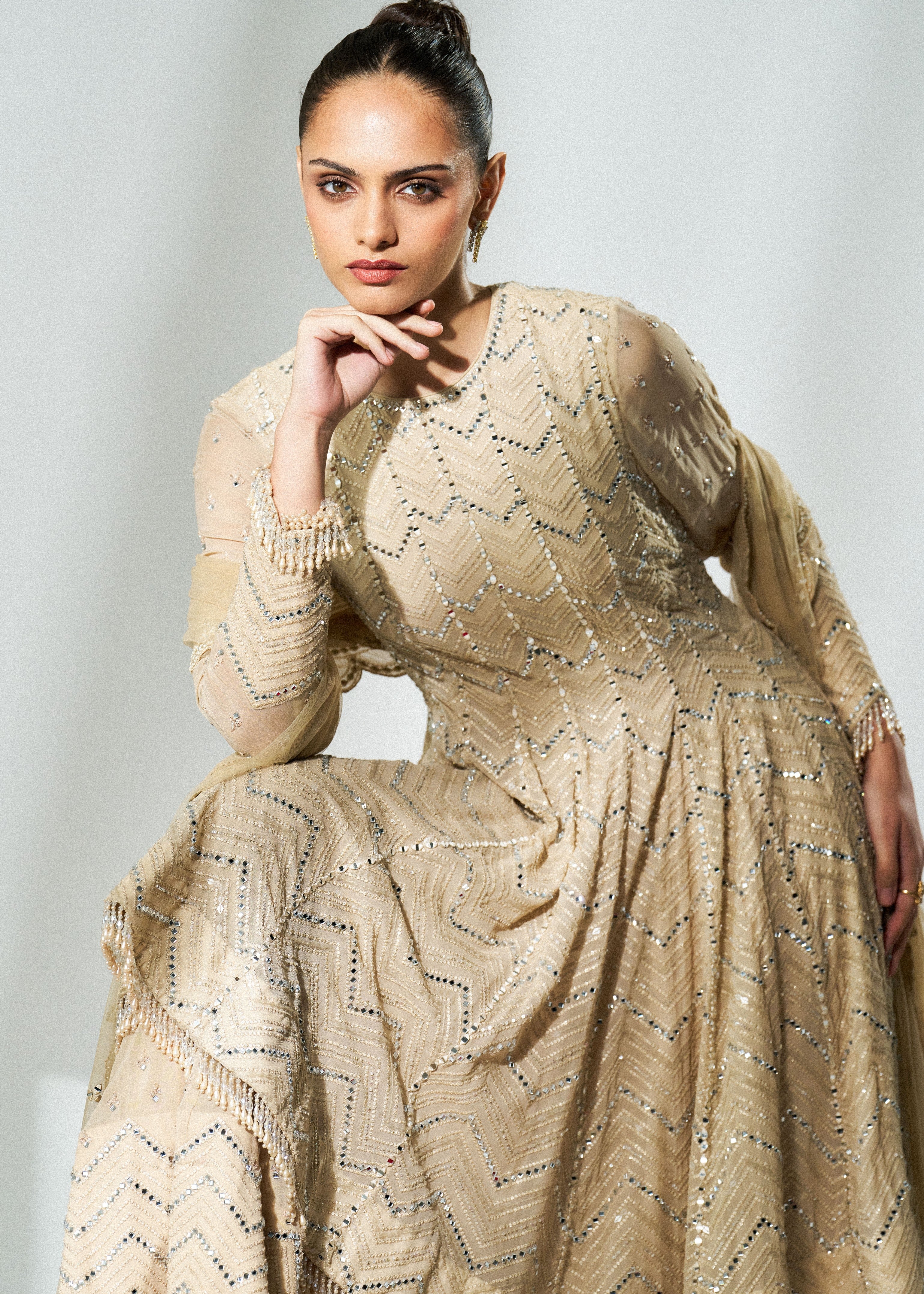 Beige Chevron Sharara Set