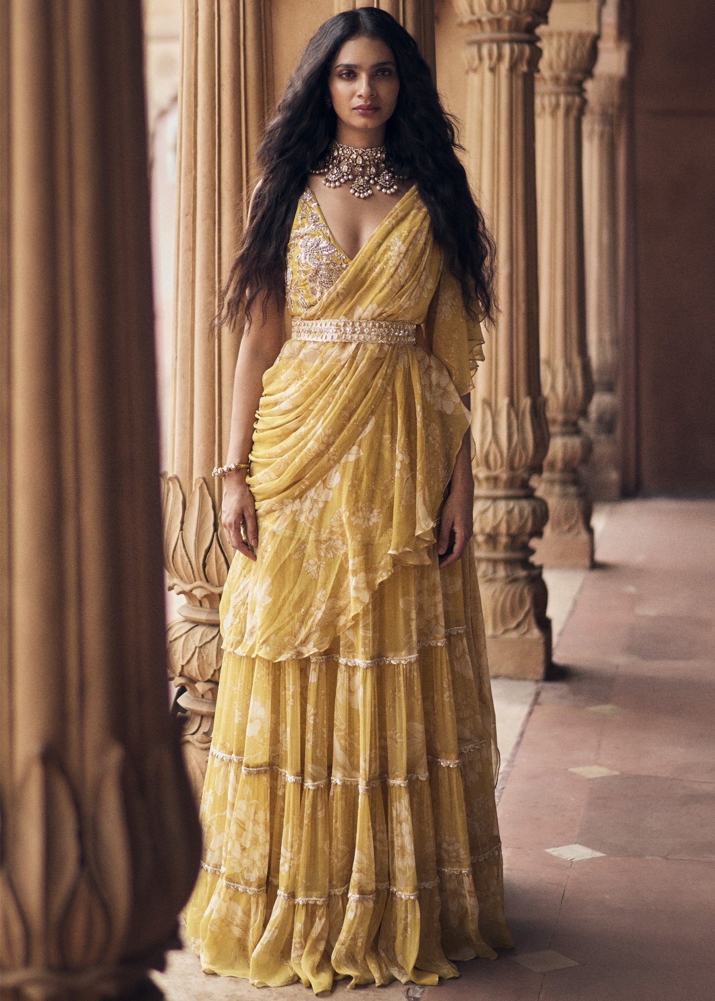 Yellow Floral Chiffon Sari
