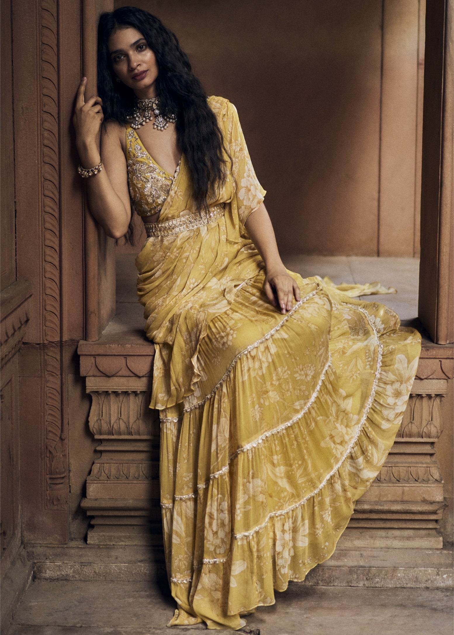 Yellow Floral Chiffon Sari