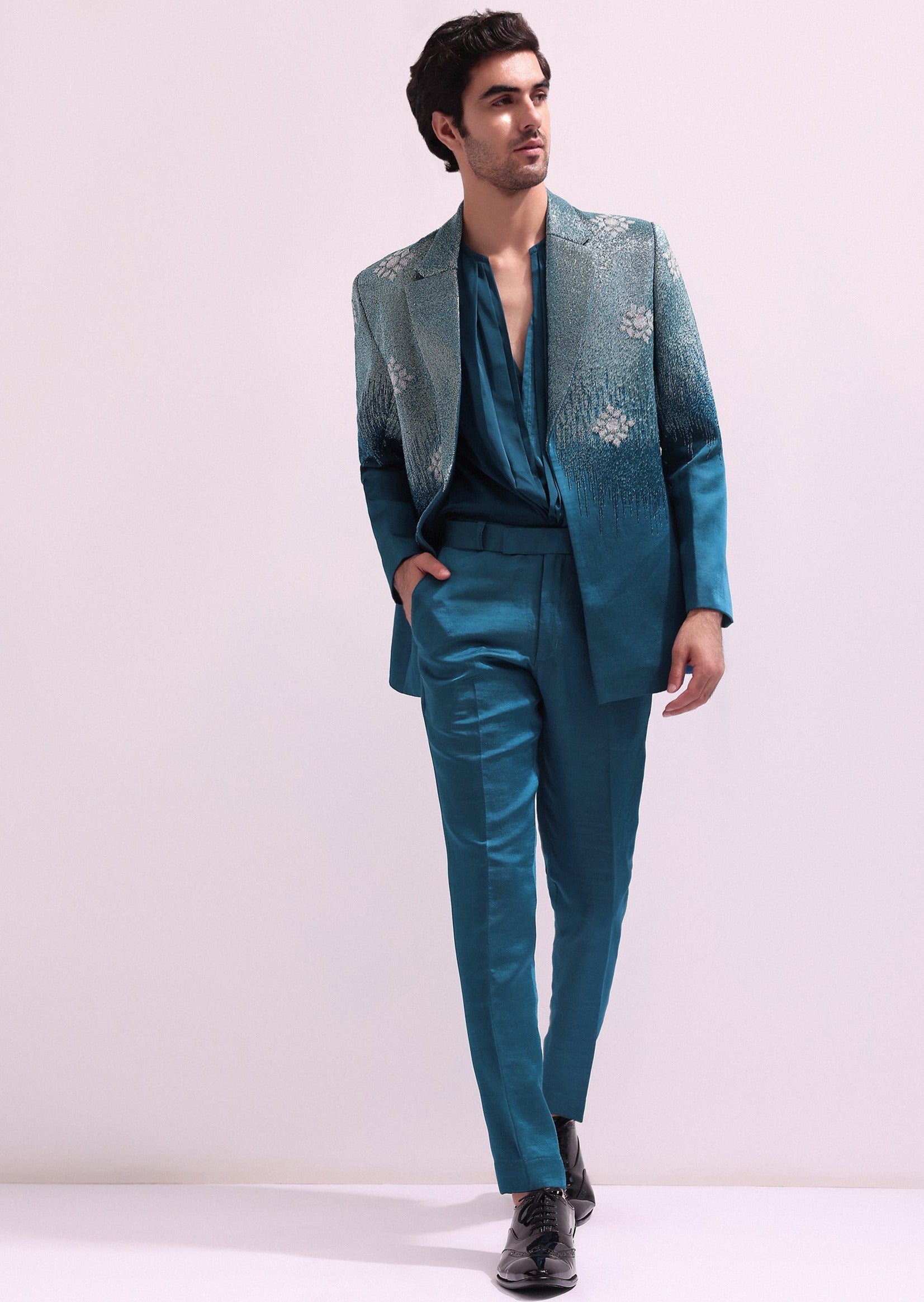 Blue Linen Satin Tuxedo Set