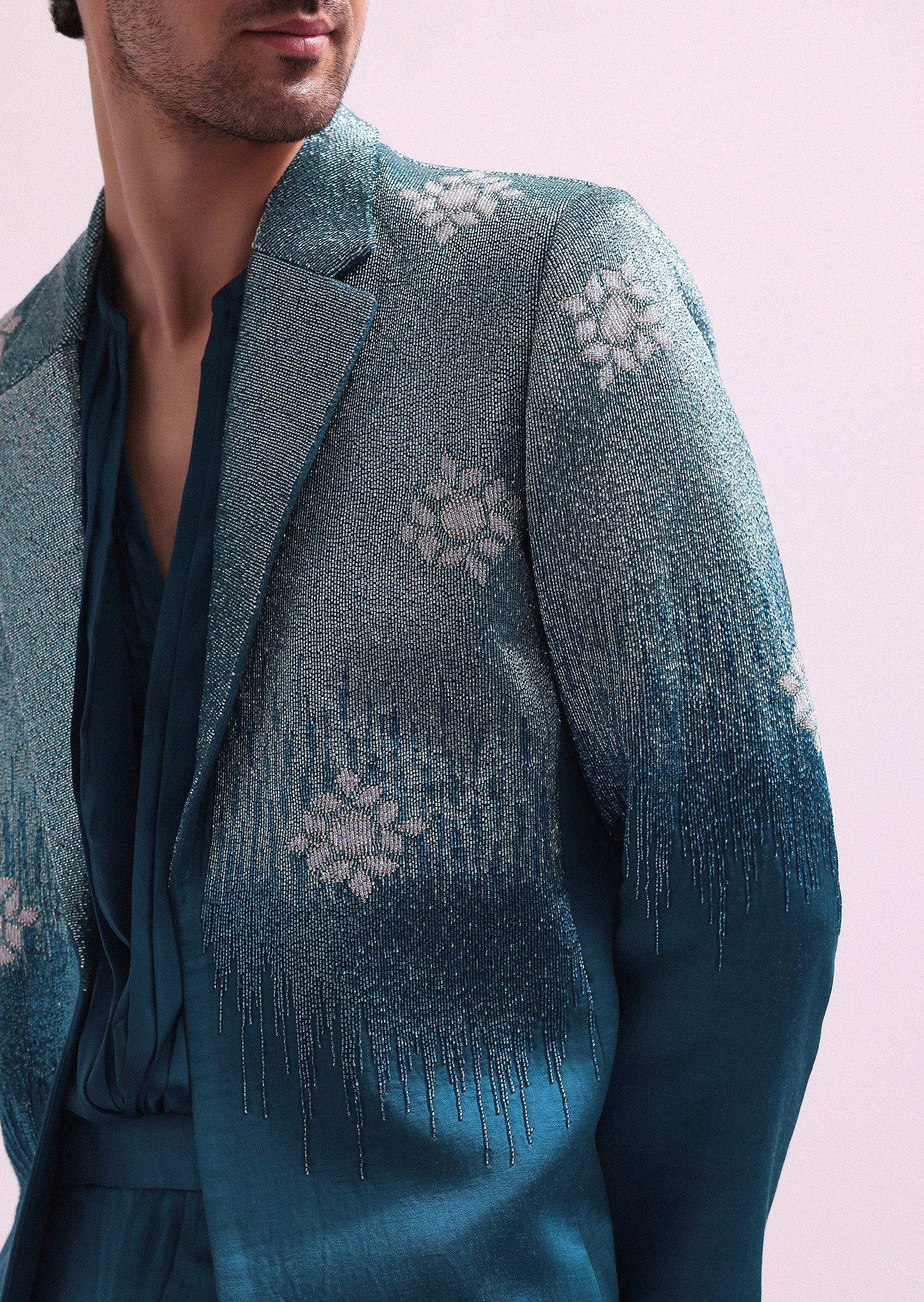 Blue Linen Satin Tuxedo Set