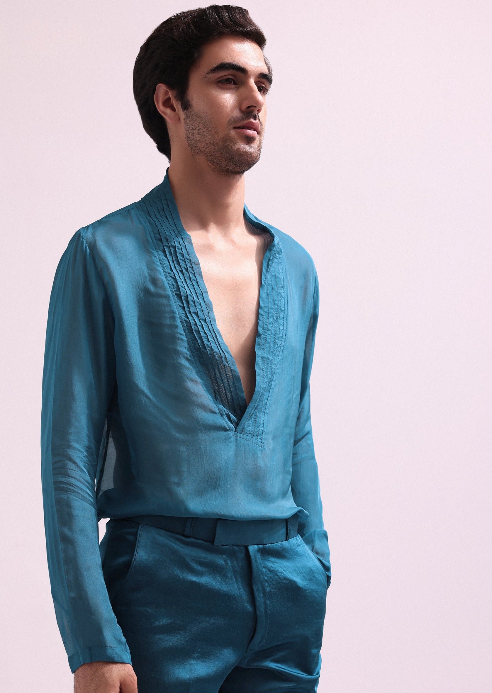 Blue Linen Satin Tuxedo Set