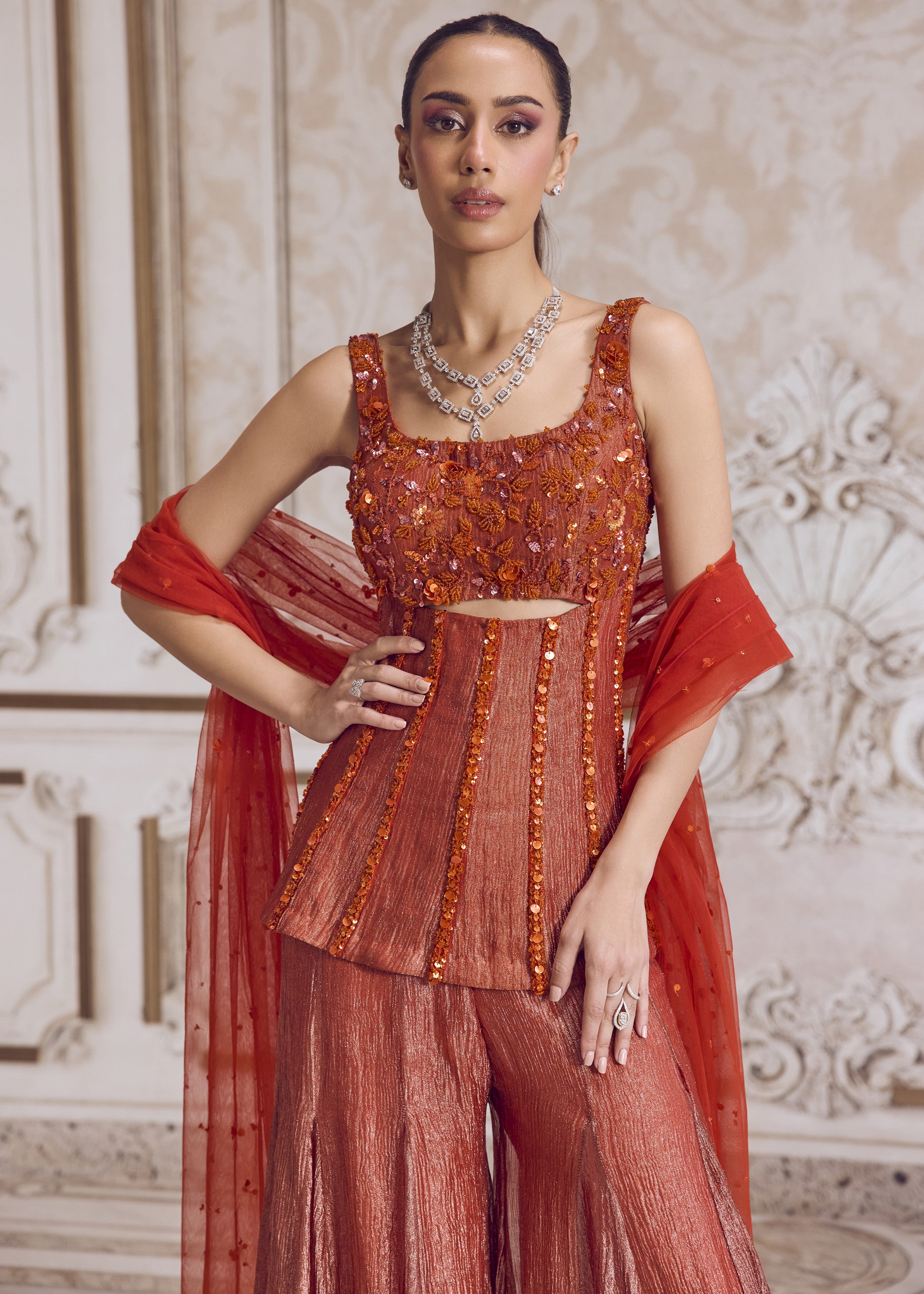 Rust Crushed Tissue Corset And Sharara