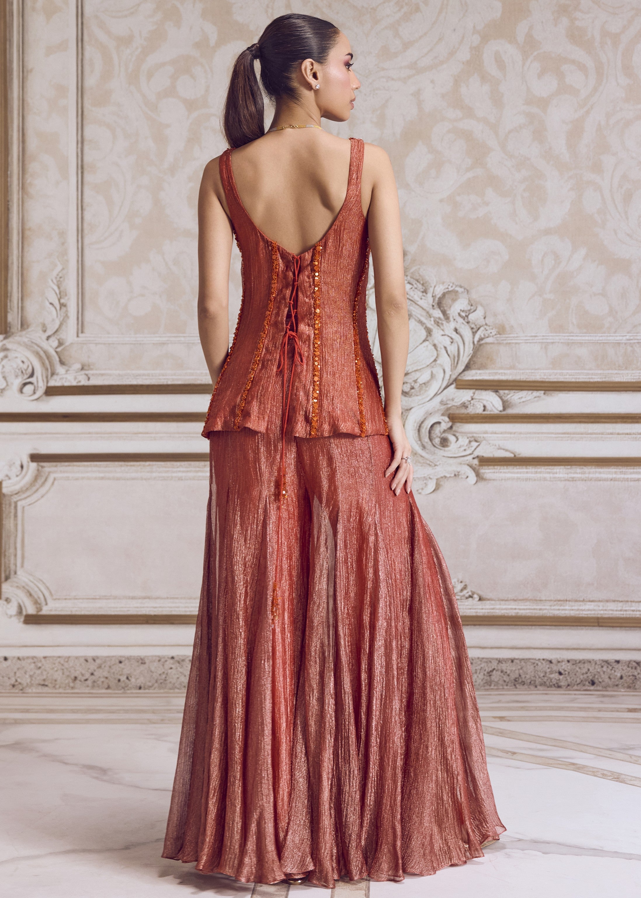Rust Crushed Tissue Corset And Sharara