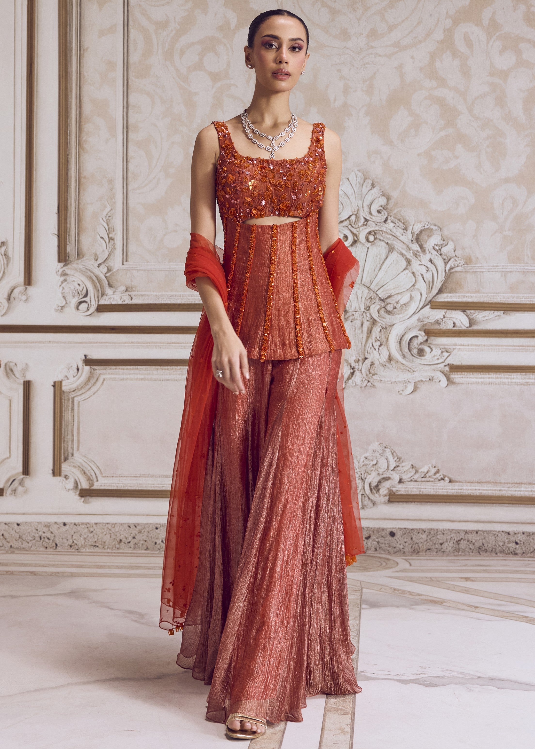 Rust Crushed Tissue Corset And Sharara