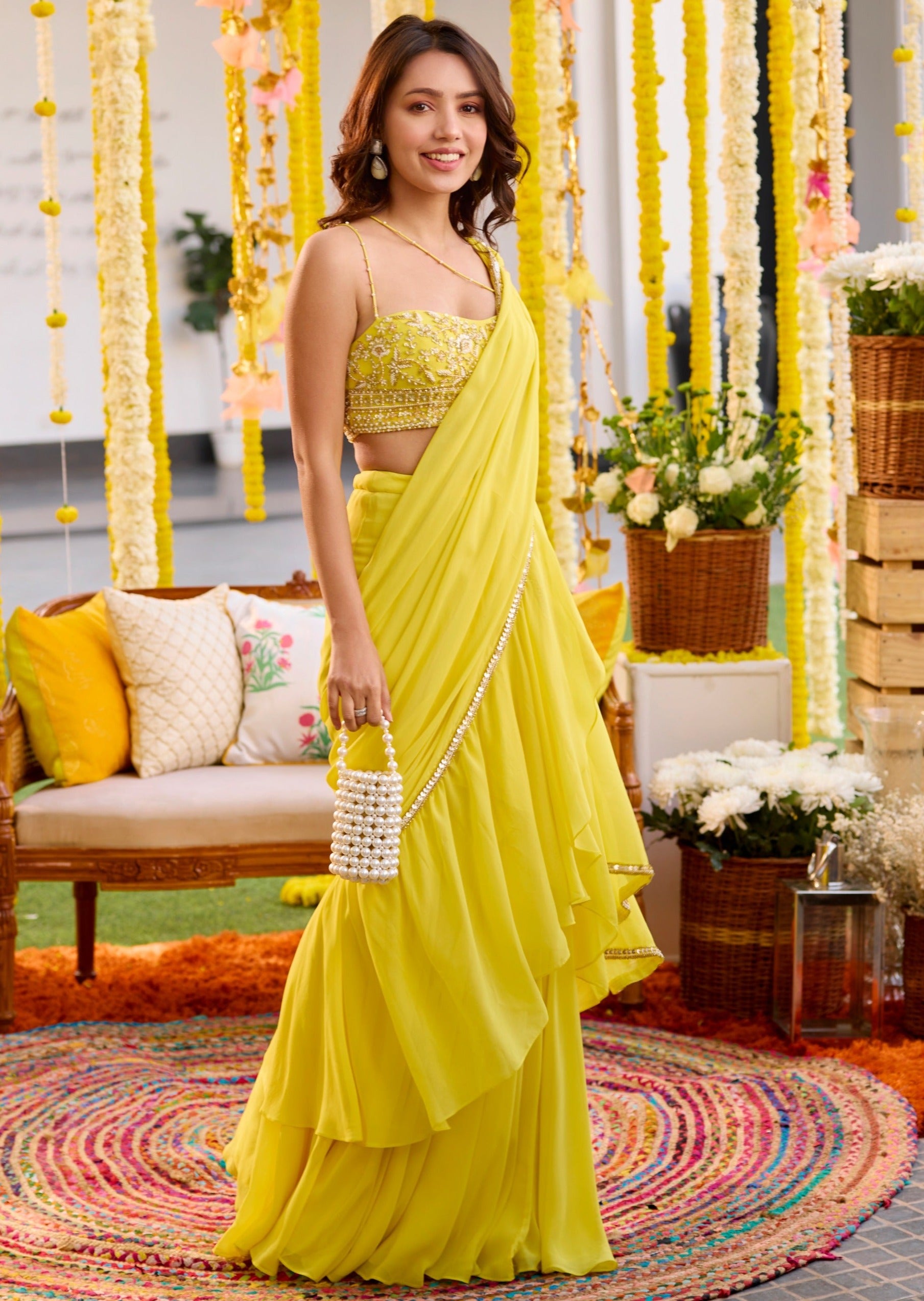 Sunshine Yellow Pre-Draped Sari