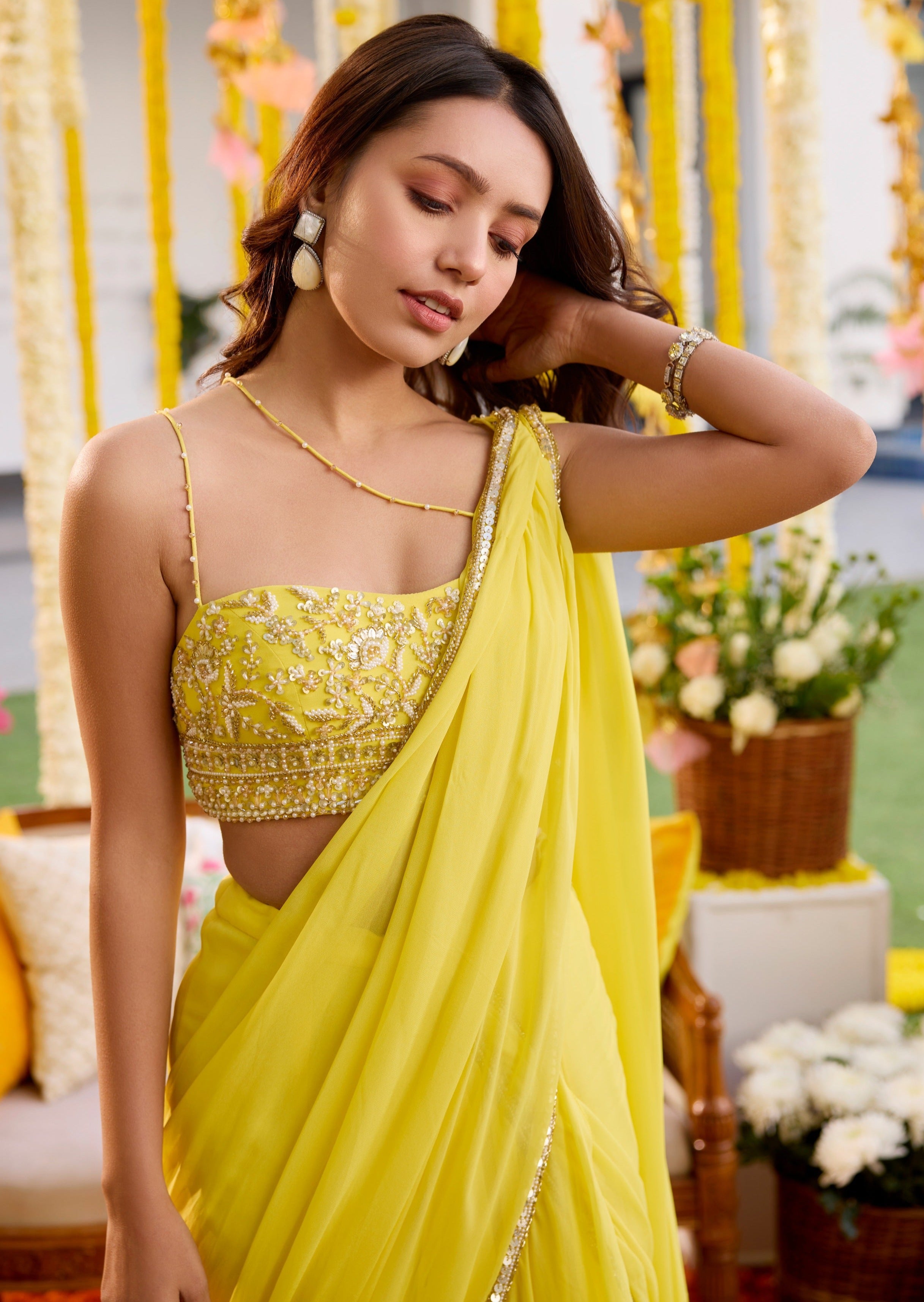 Sunshine Yellow Pre-Draped Sari