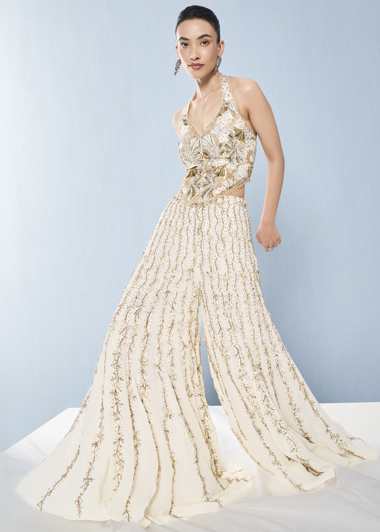 Ivory Georgette High Waist Sharara And Corset