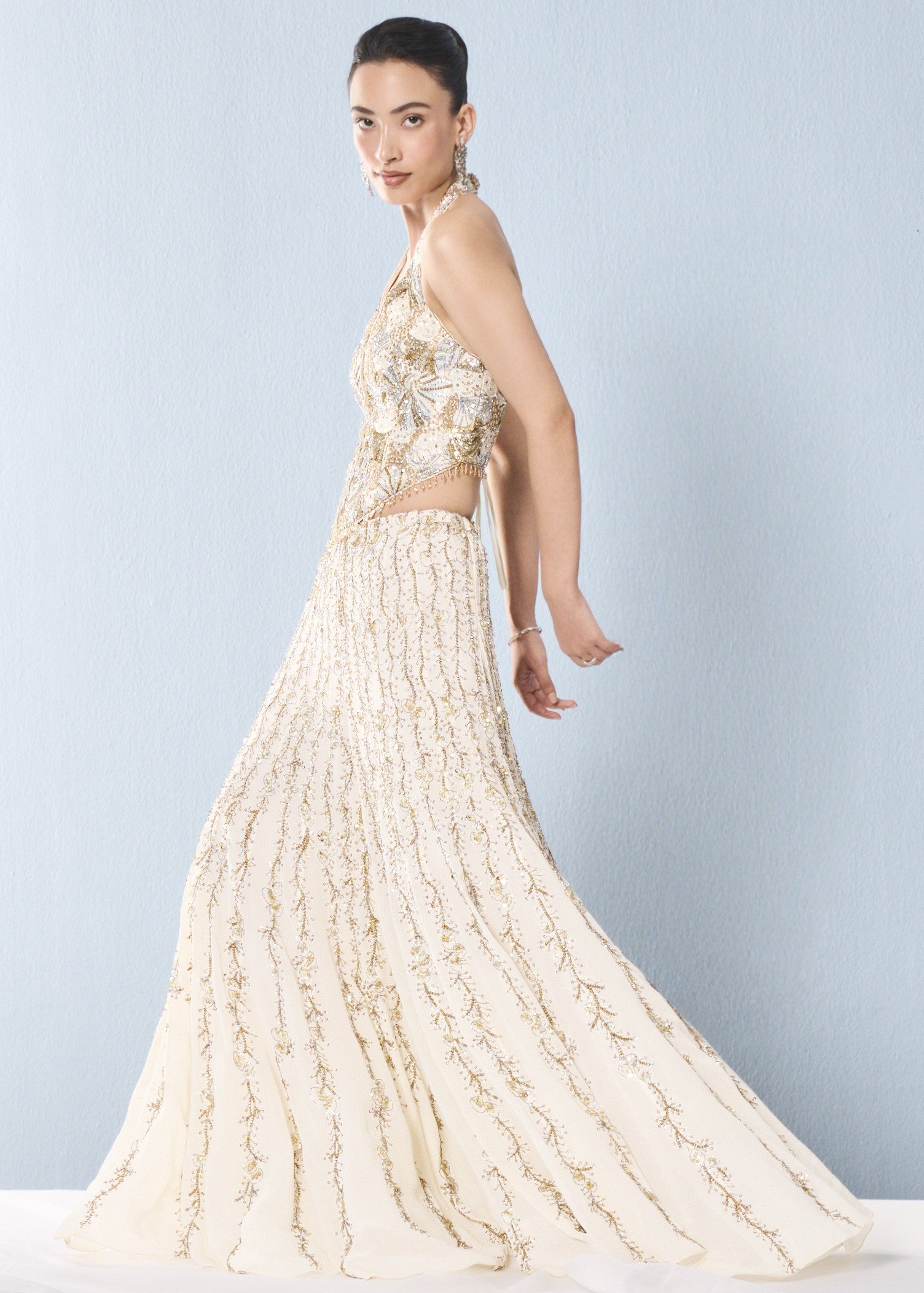 Ivory Georgette High Waist Sharara And Corset