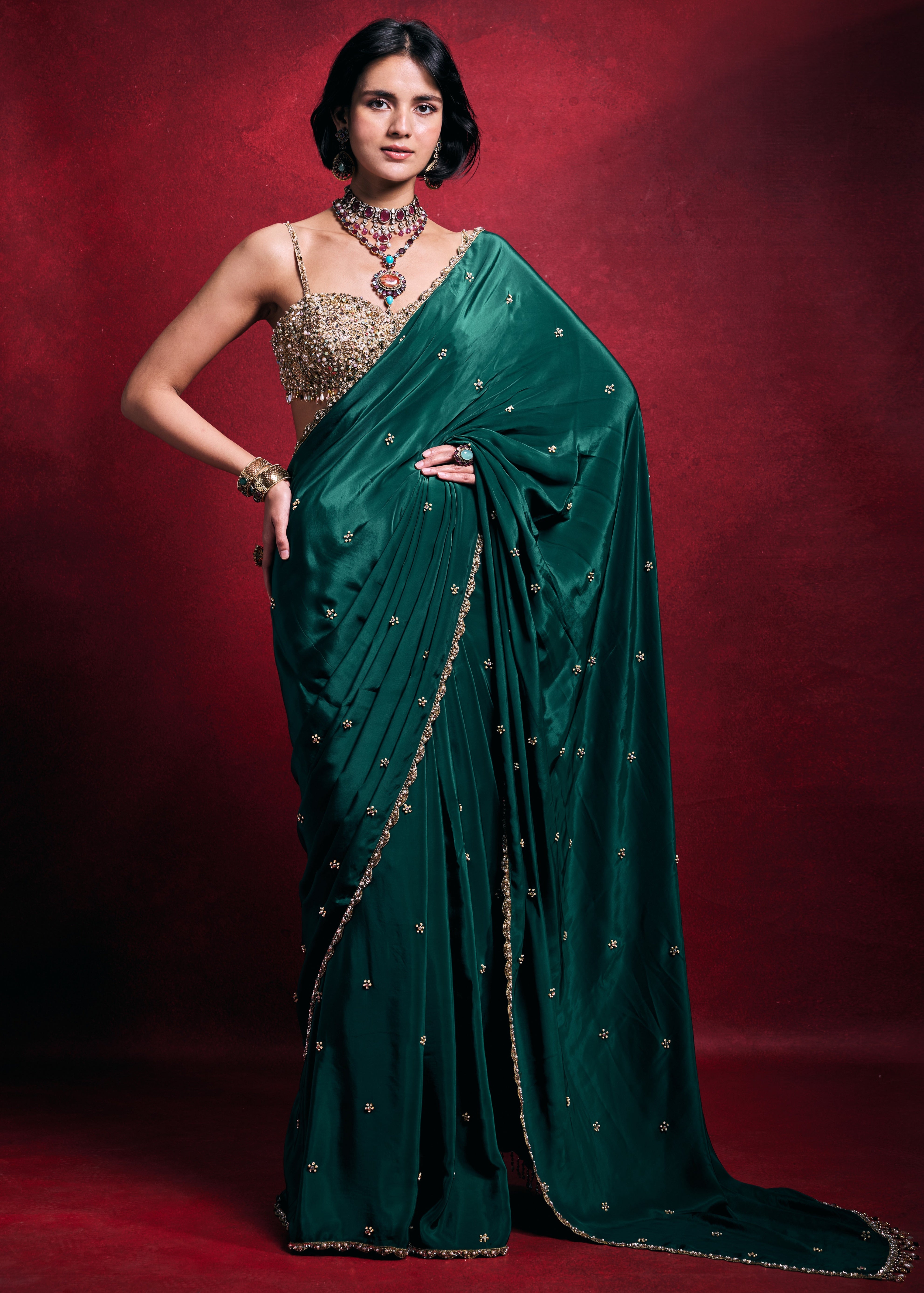Emerald Green Crepe Sari Set