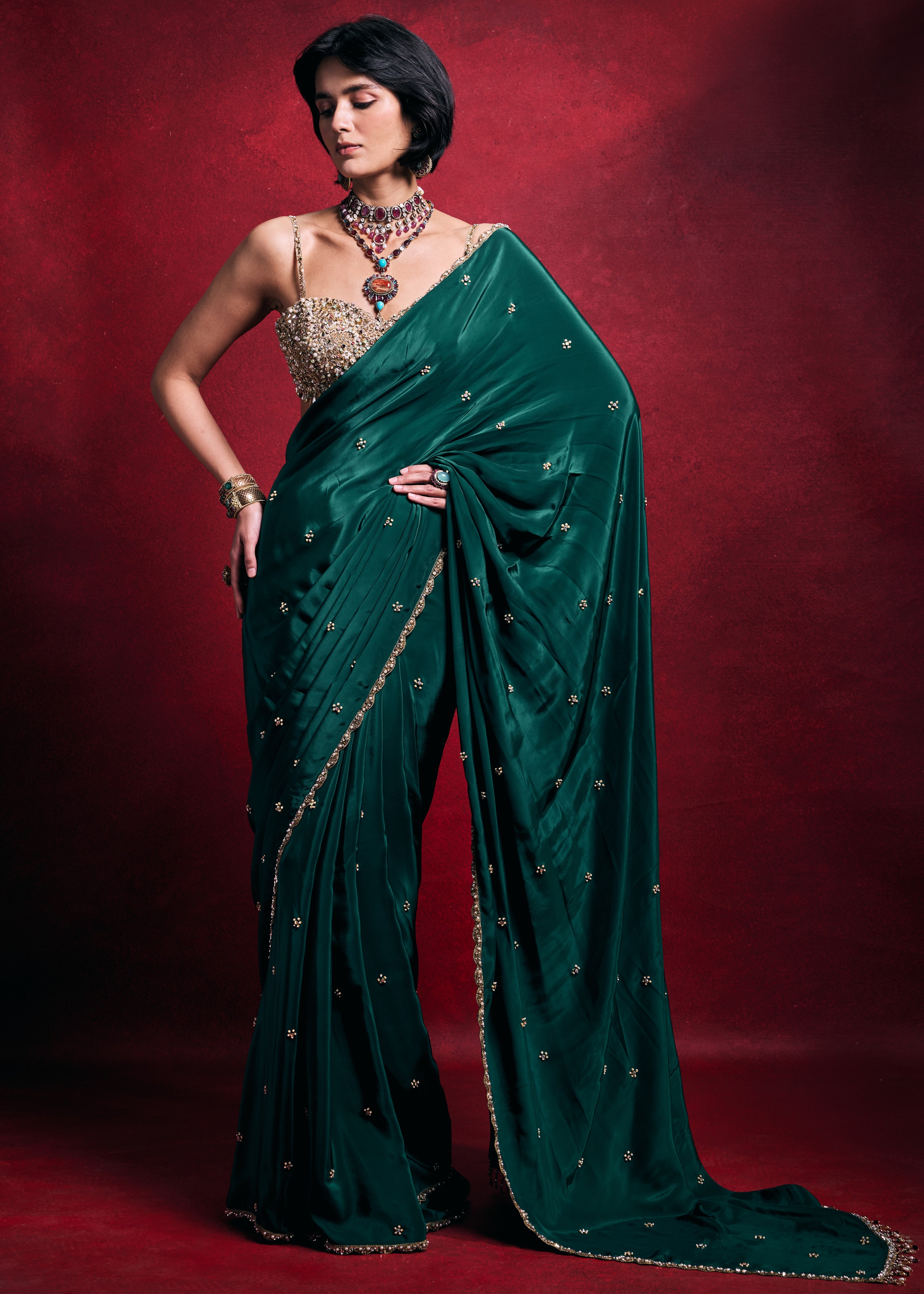 Emerald Green Crepe Sari Set
