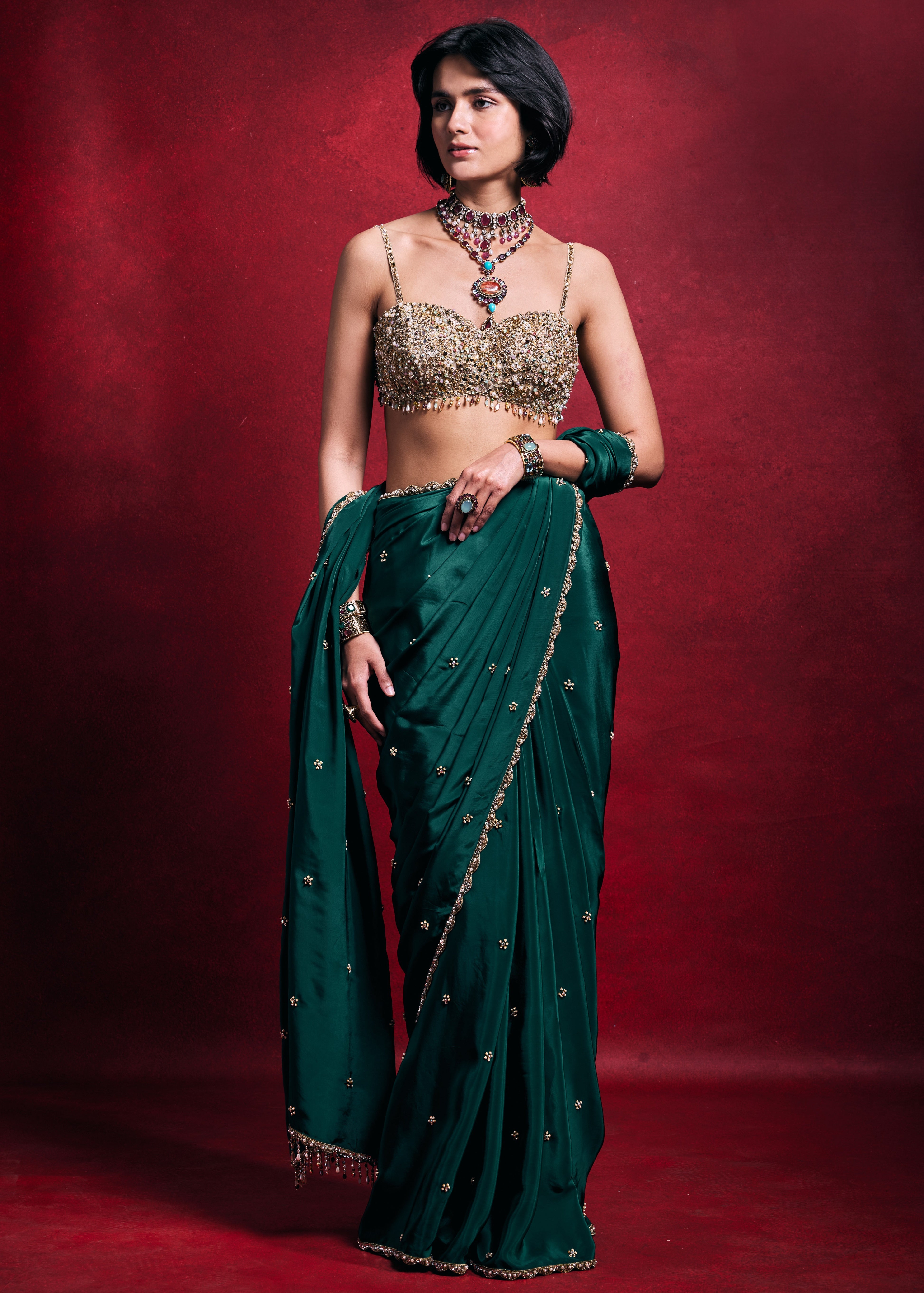 Emerald Green Crepe Sari Set