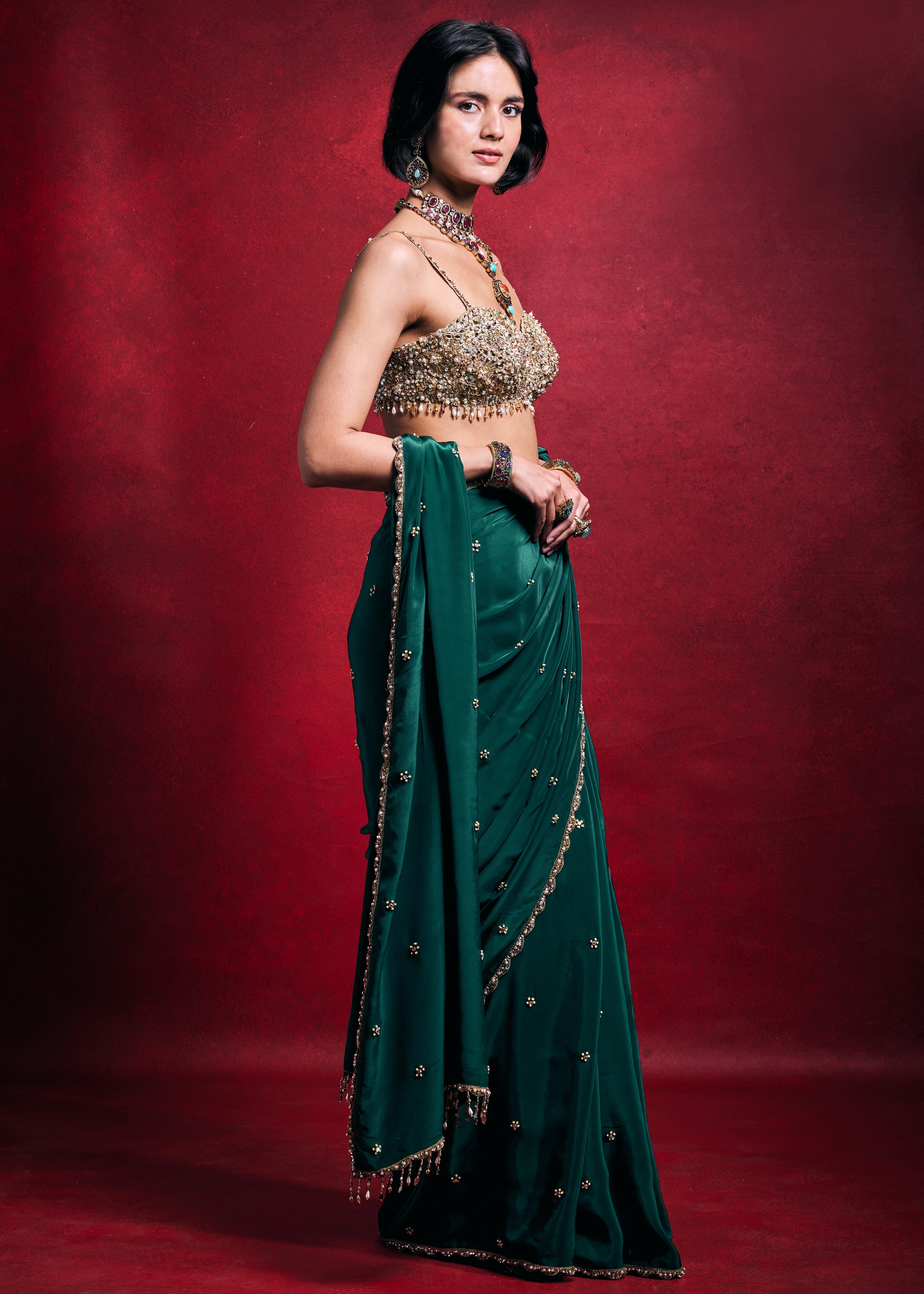 Emerald Green Crepe Sari Set