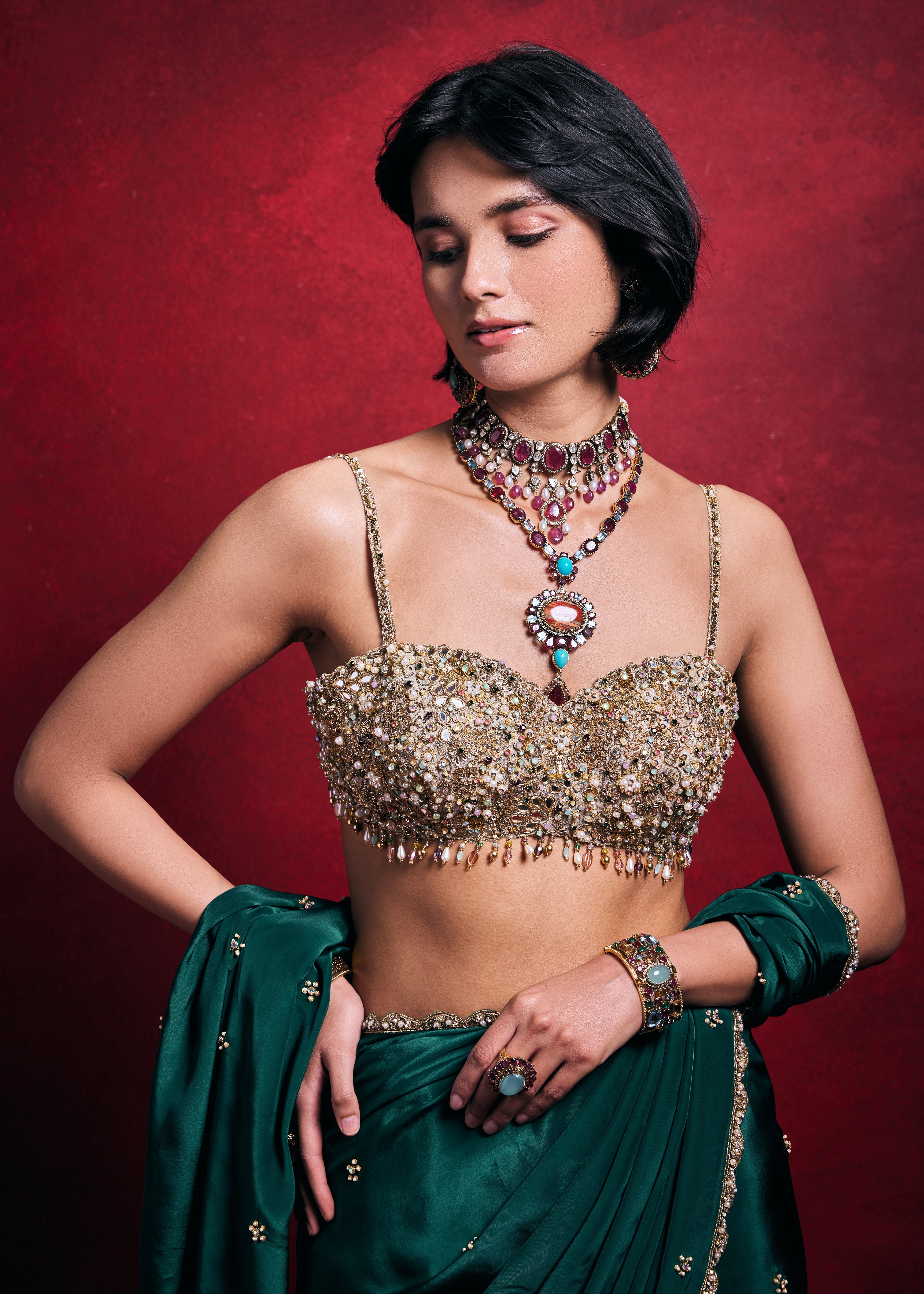 Emerald Green Crepe Sari Set