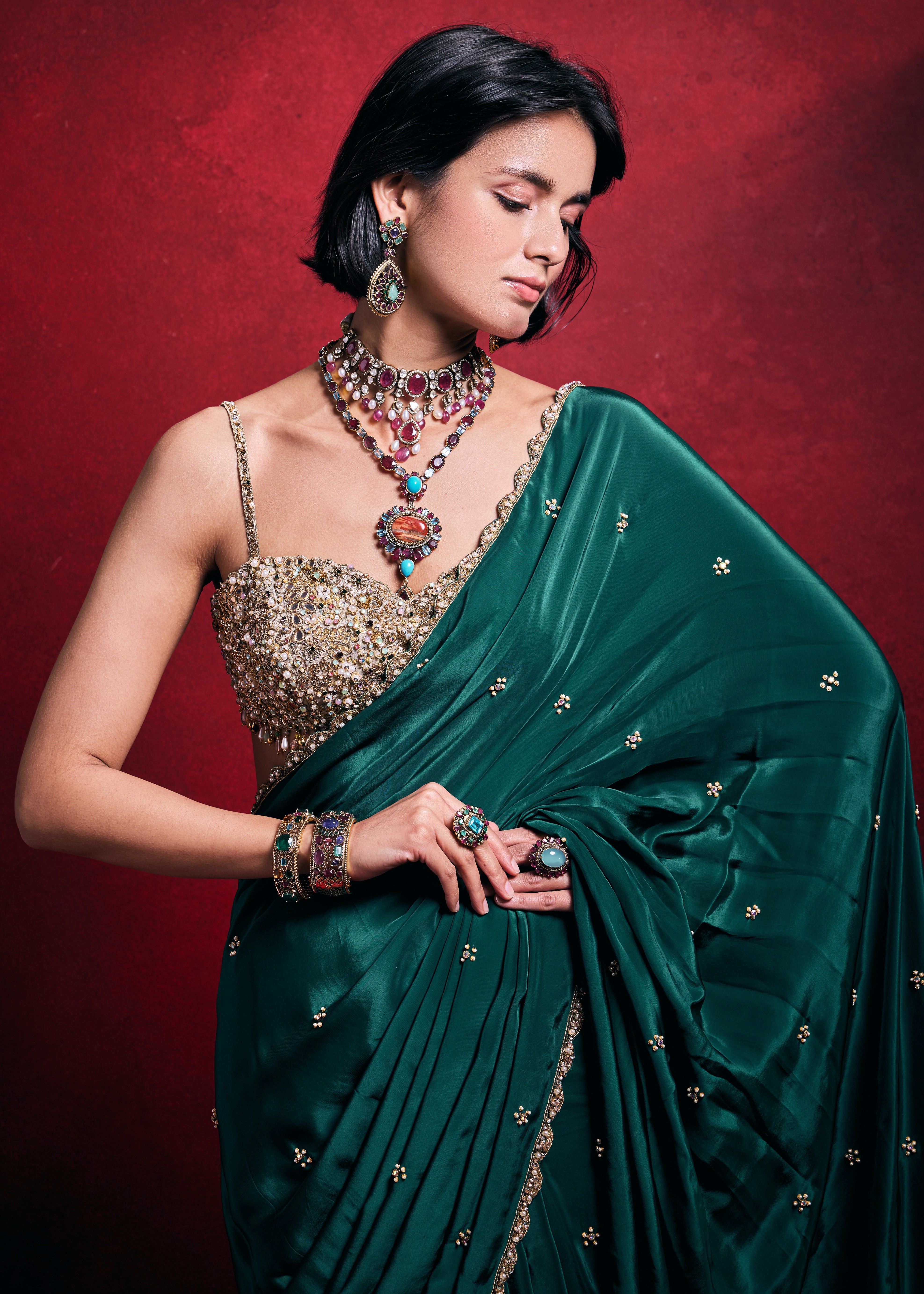 Emerald Green Crepe Sari Set