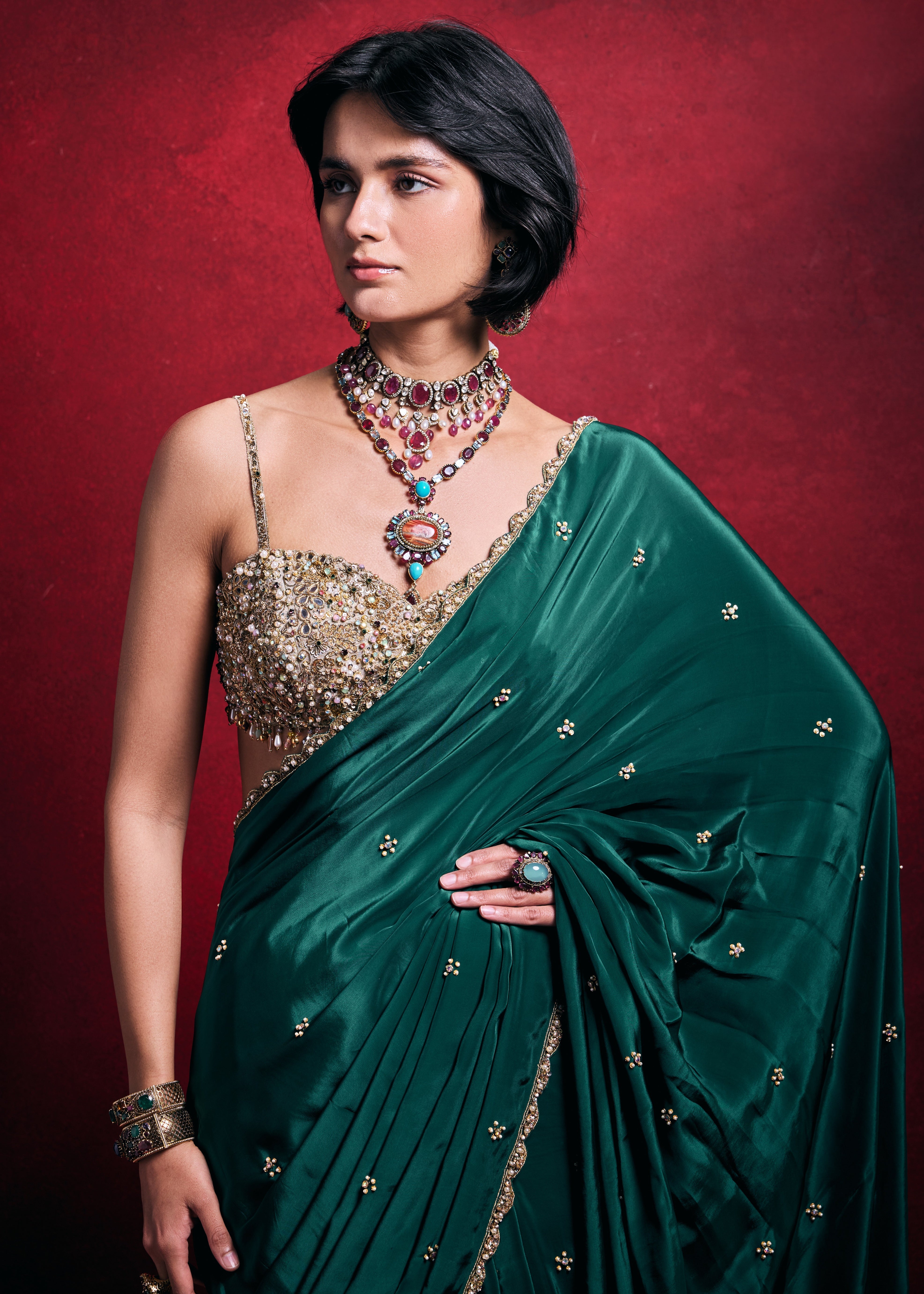 Emerald Green Crepe Sari Set