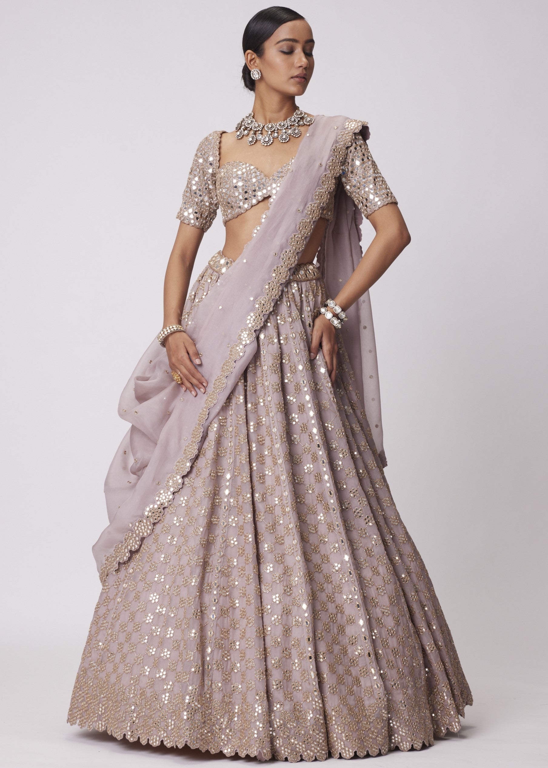 Ash Pink Mirror Flower Embroidered Lehenga Set