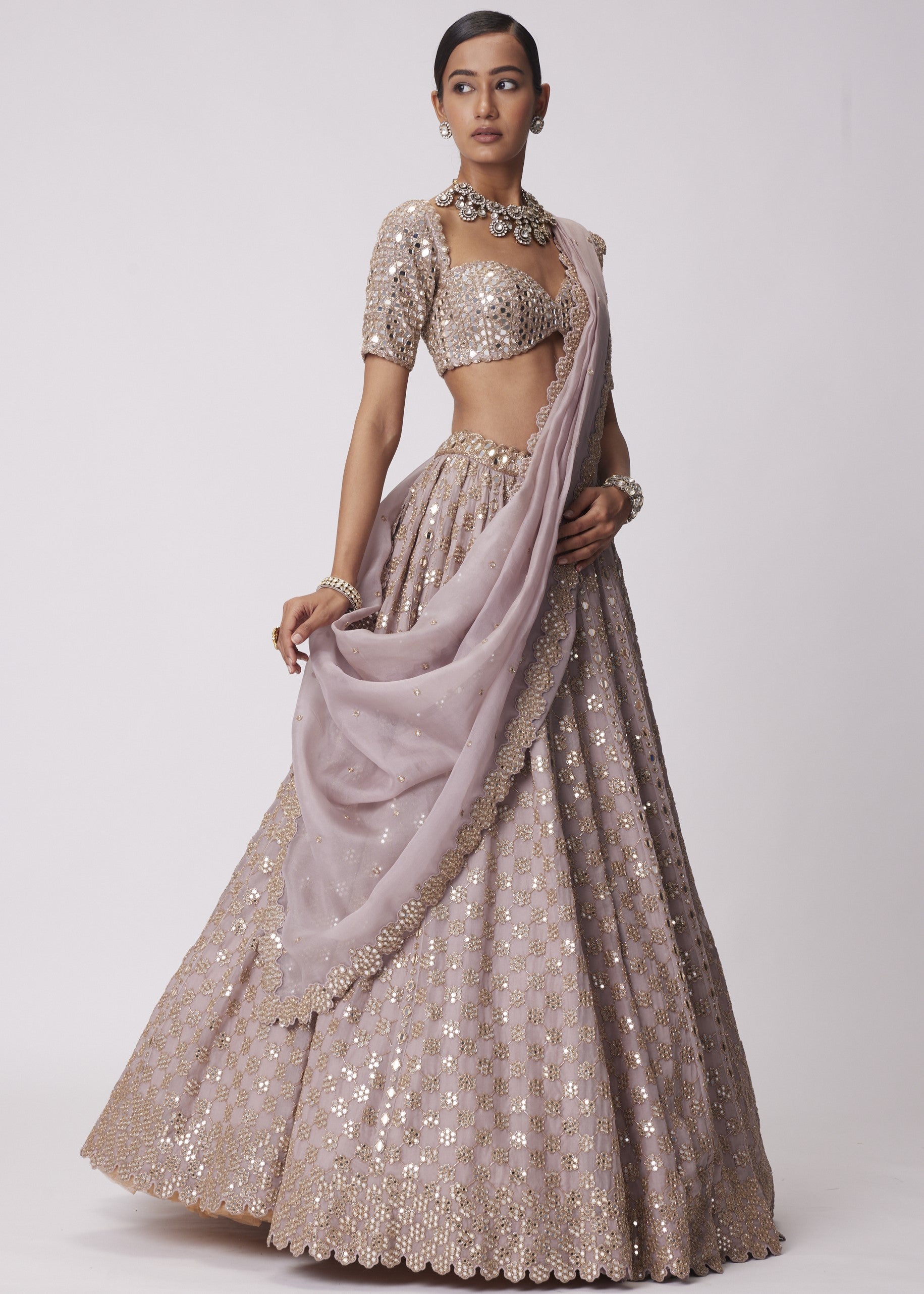 Ash Pink Mirror Flower Embroidered Lehenga Set