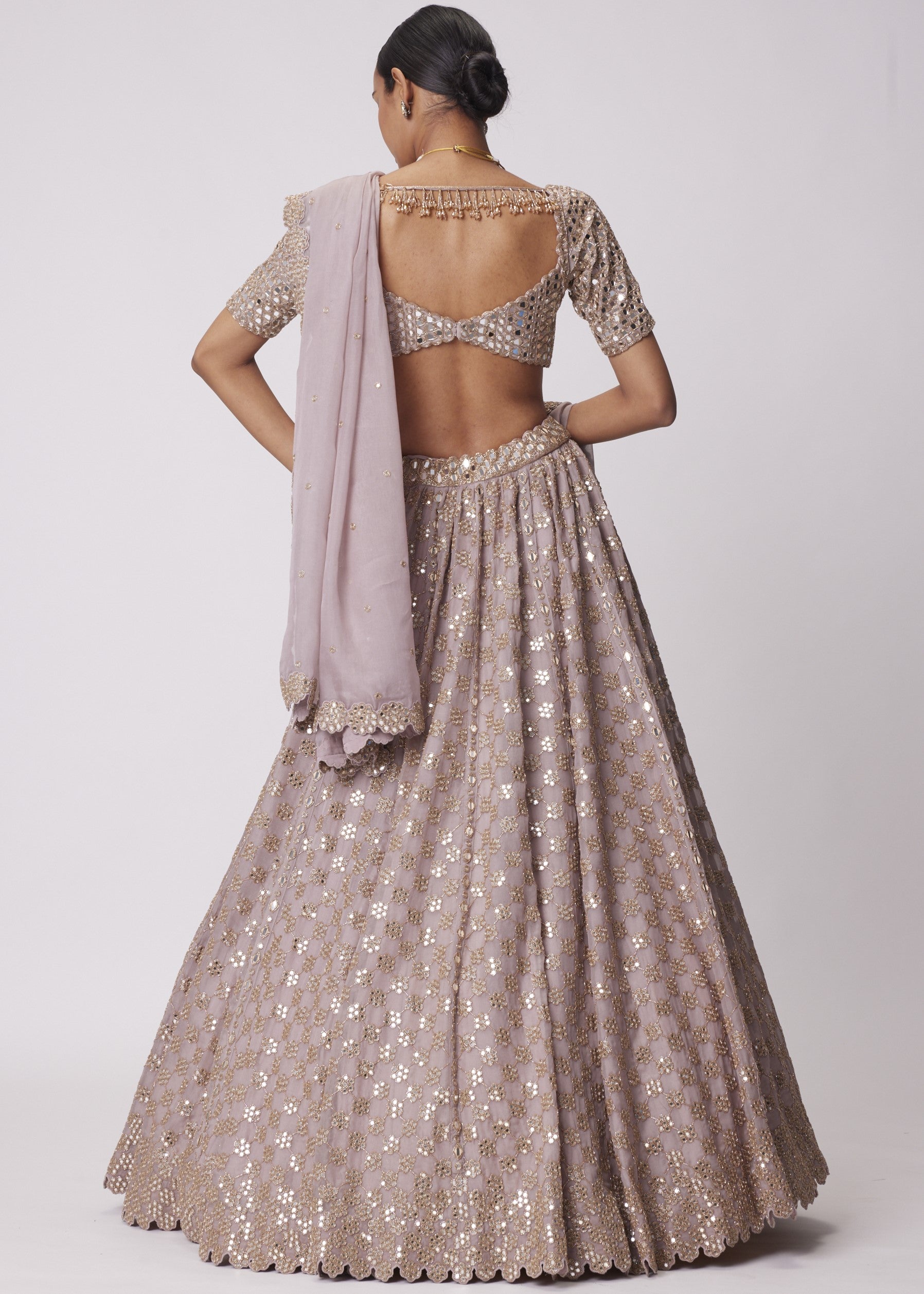 Ash Pink Mirror Flower Embroidered Lehenga Set
