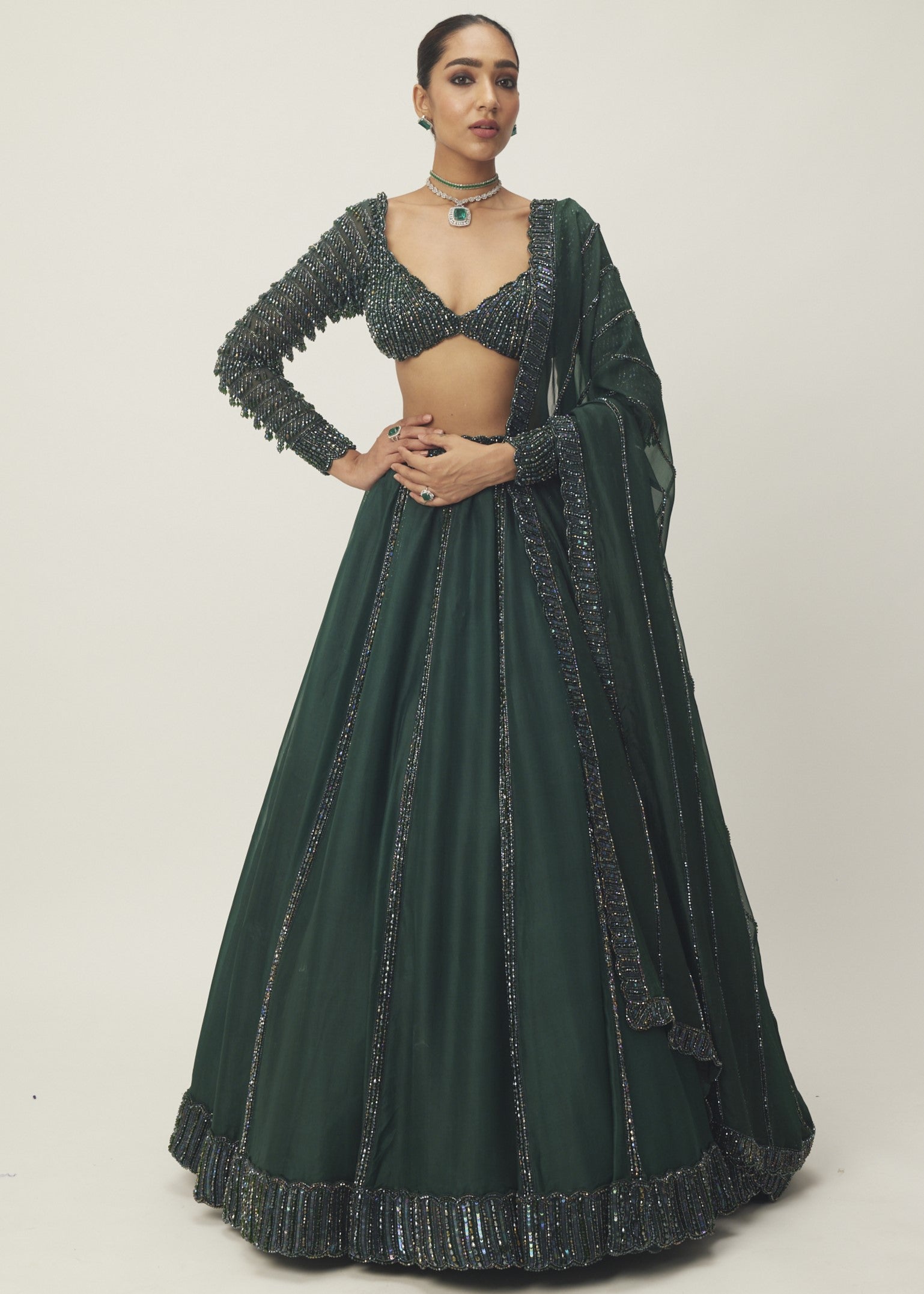Dark Jade Green Organza Lehenga Set