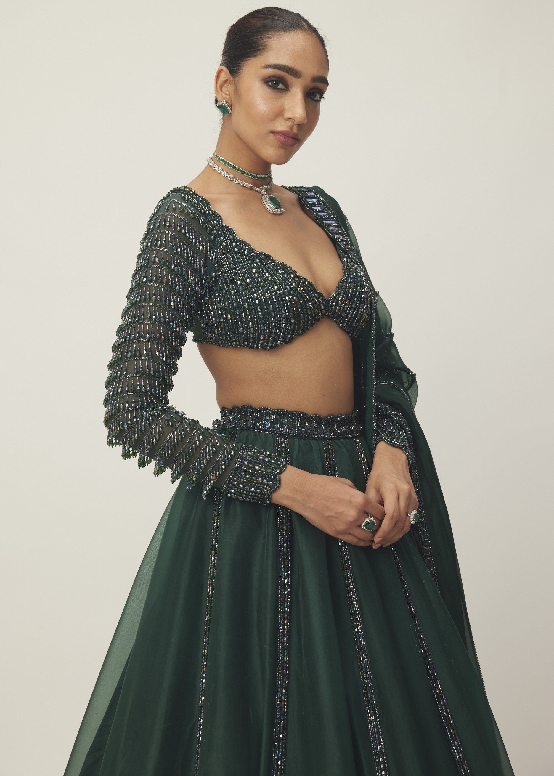 Dark Jade Green Organza Lehenga Set