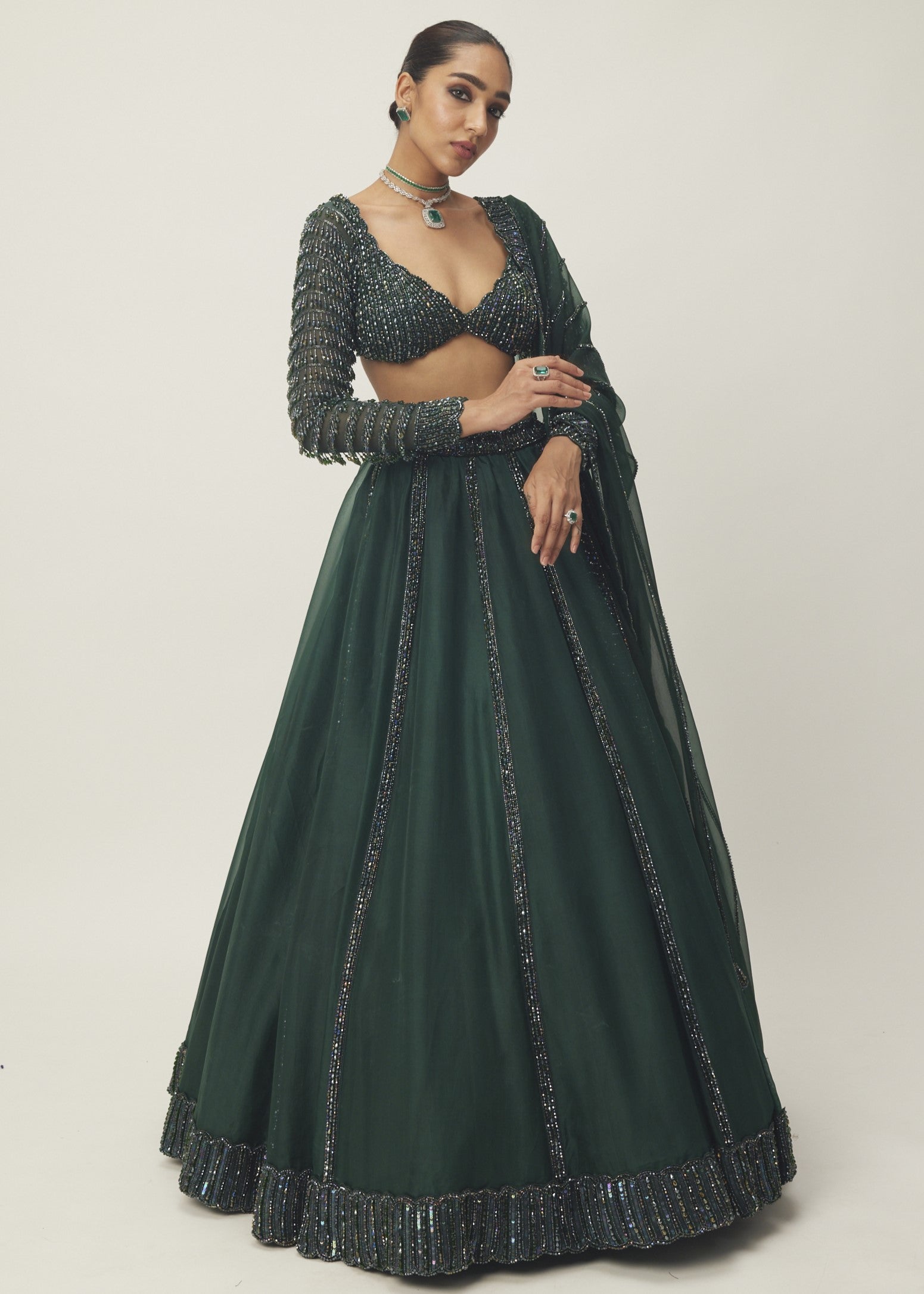 Dark Jade Green Organza Lehenga Set