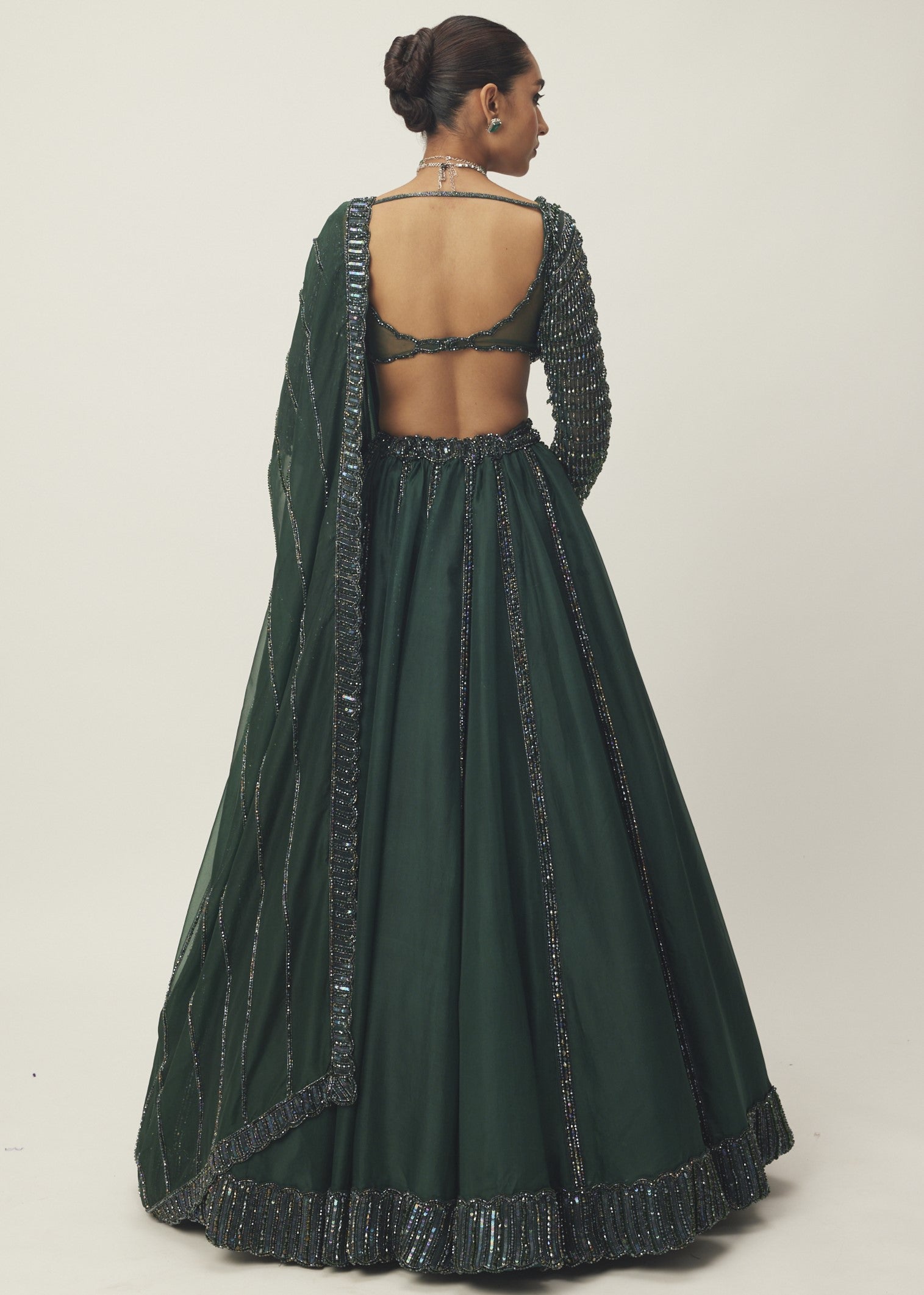Dark Jade Green Organza Lehenga Set