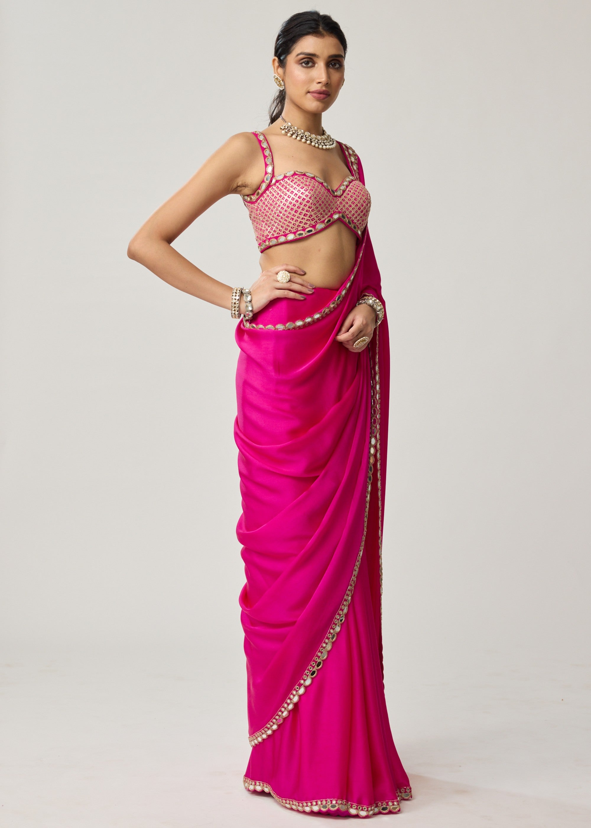 Fuchsia Pink Gota Mirror Sari Set