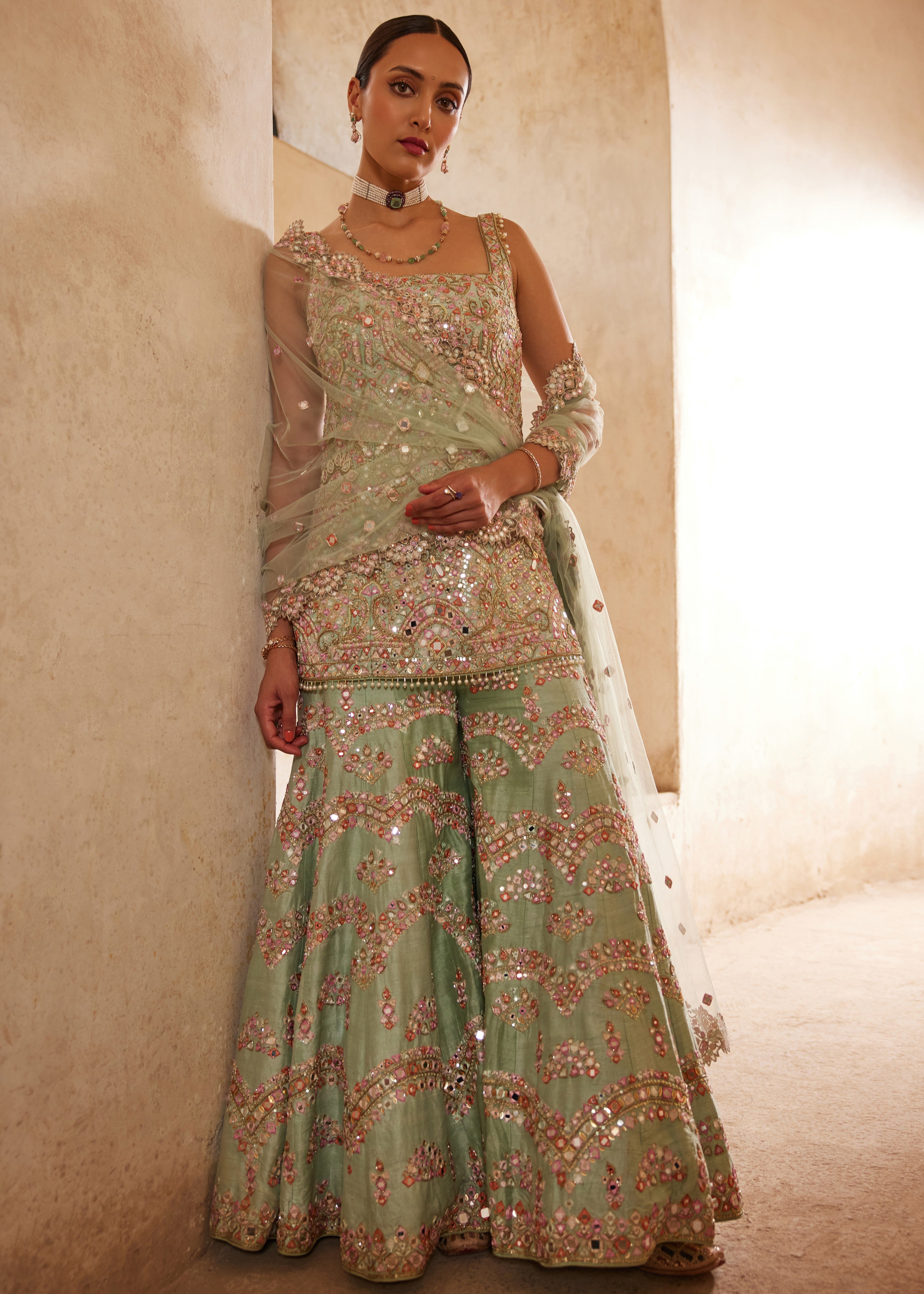 Sea Green Sleeveless Sharara Set