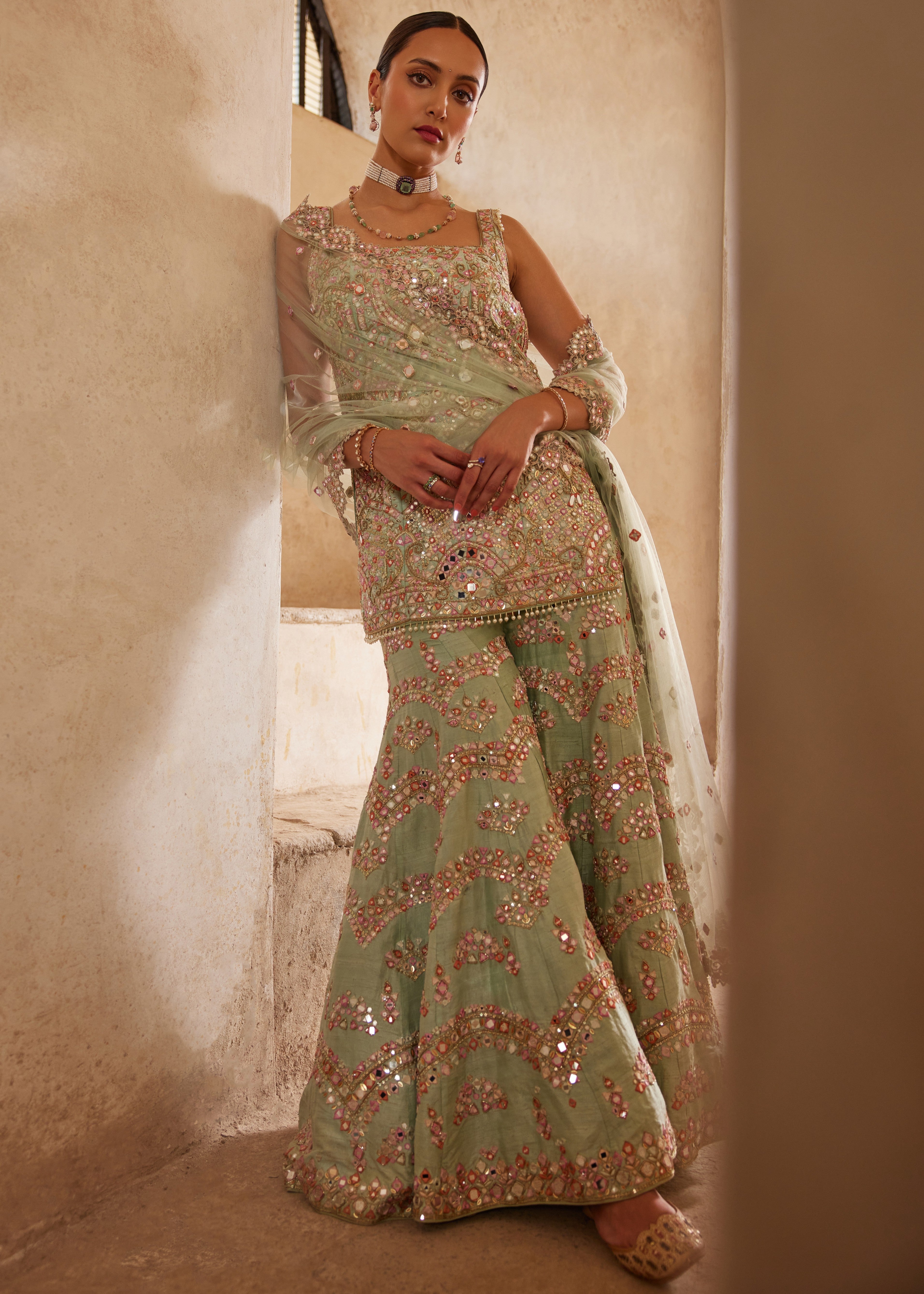 Sea Green Sleeveless Sharara Set