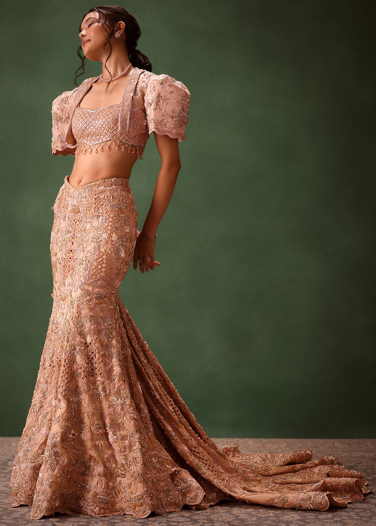 Peach Brocade Jacket Skirt Set