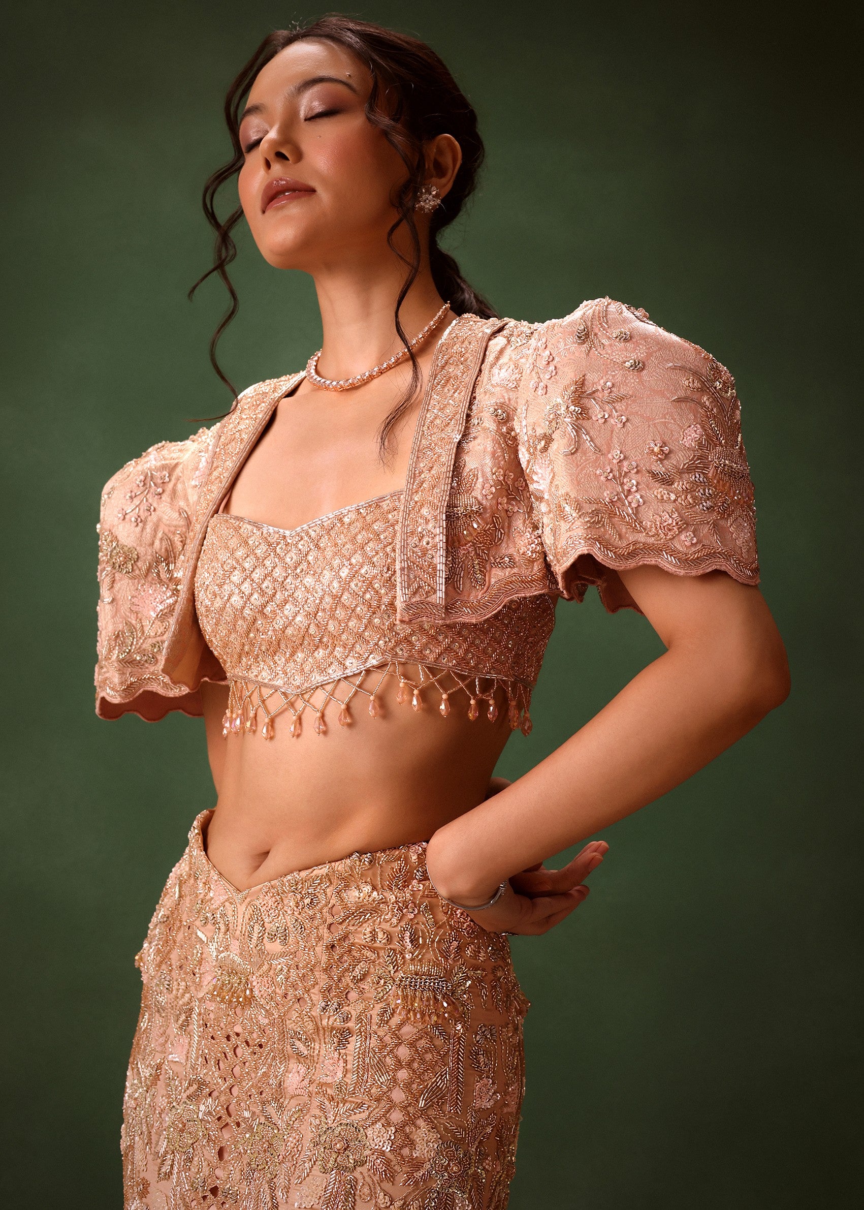 Peach Brocade Jacket Skirt Set