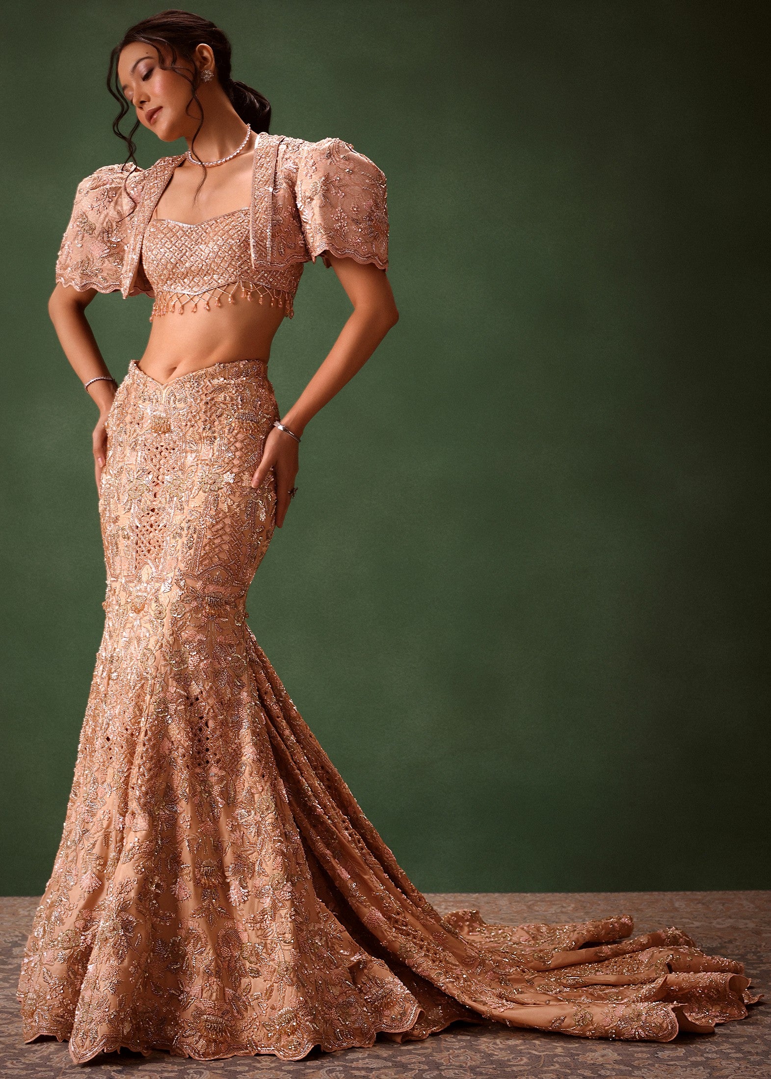 Peach Brocade Jacket Skirt Set