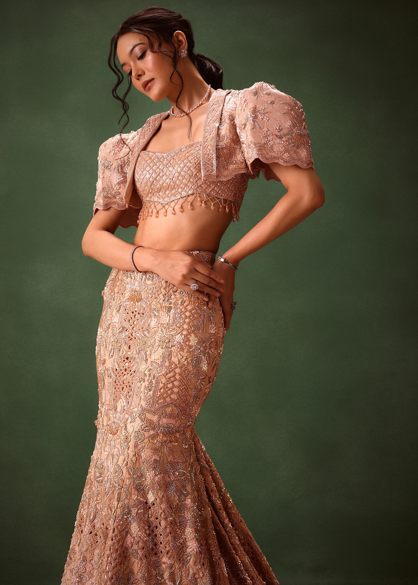Peach Brocade Jacket Skirt Set