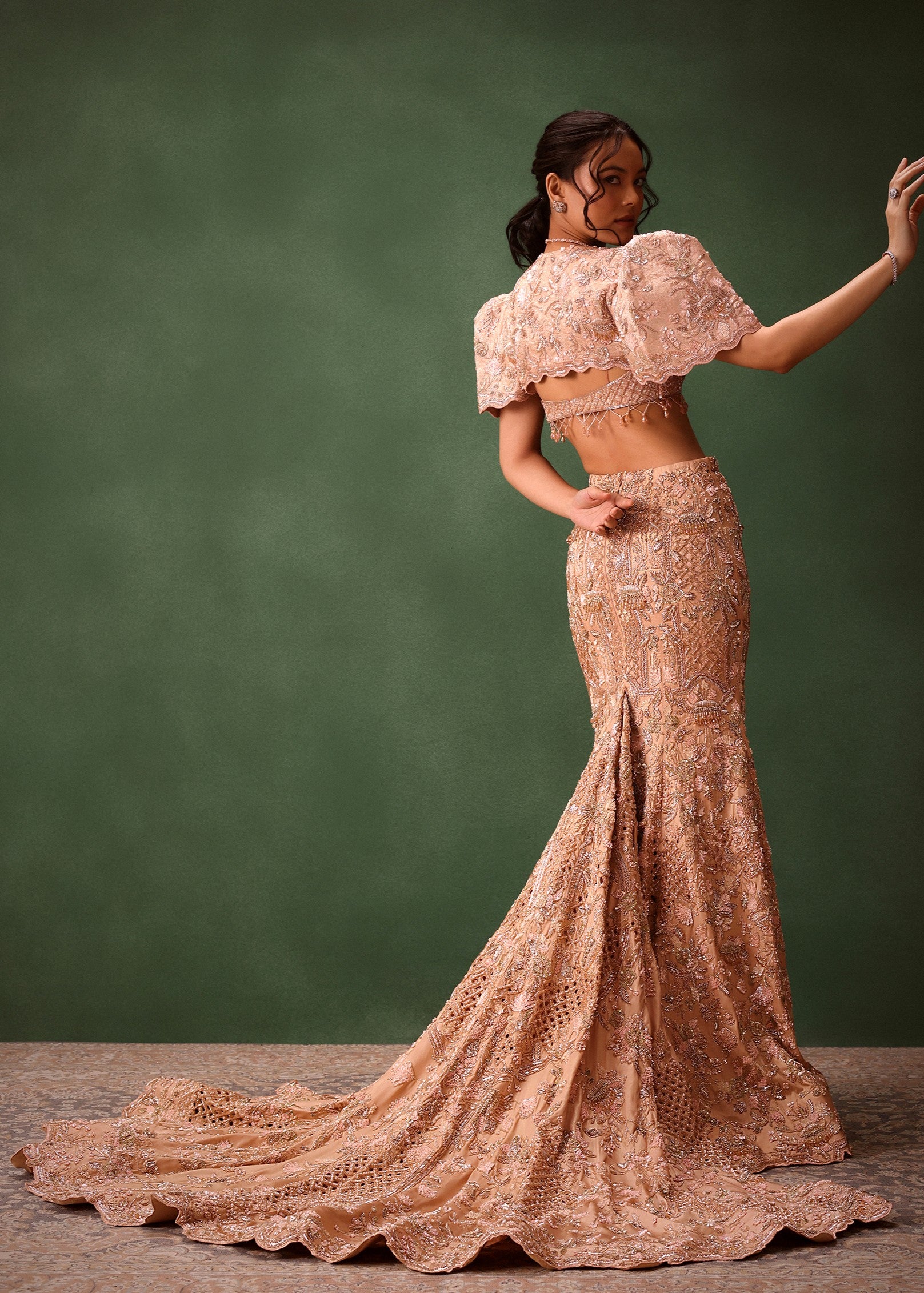 Peach Brocade Jacket Skirt Set