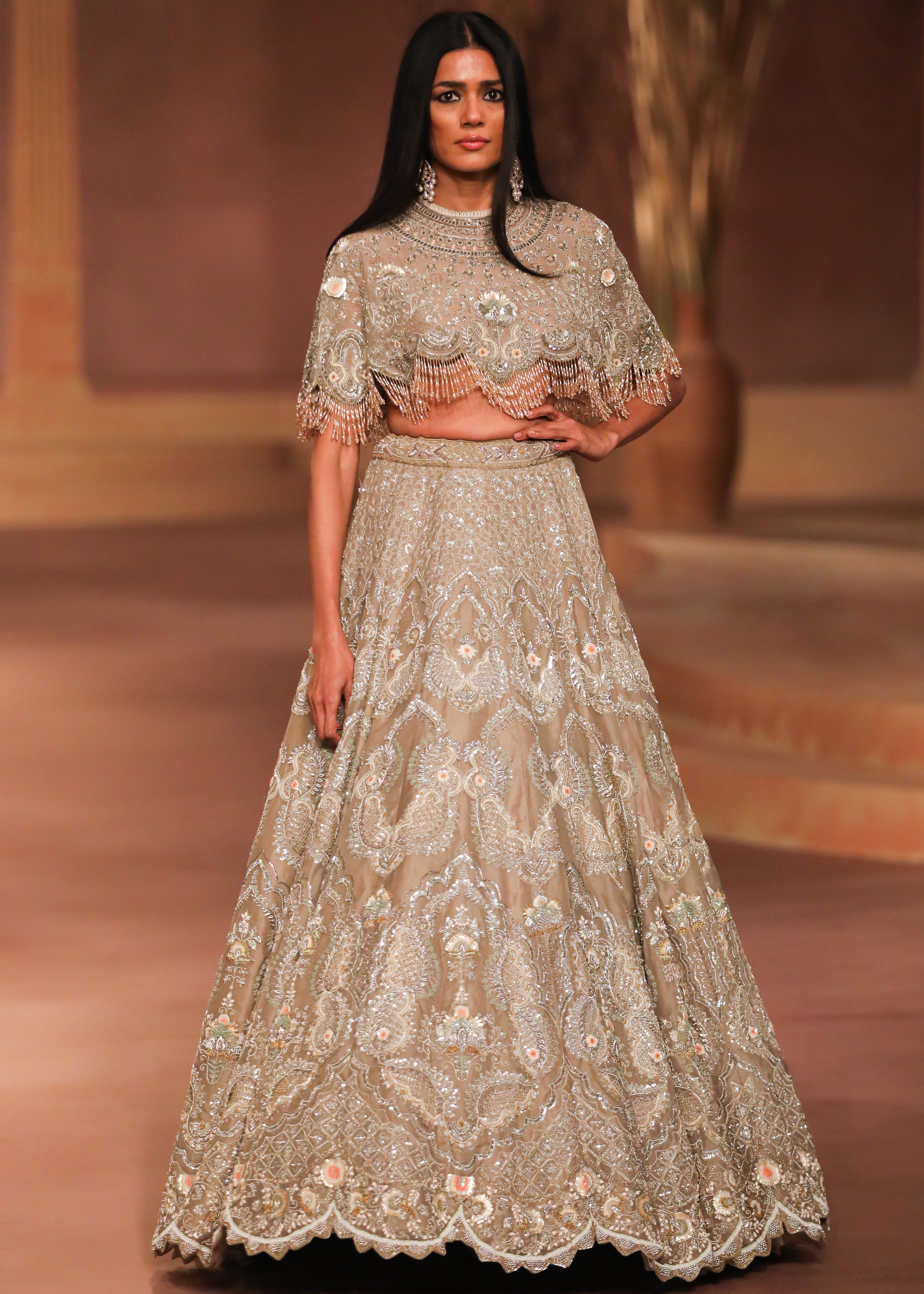 Beige Gold Cape Lehenga Set