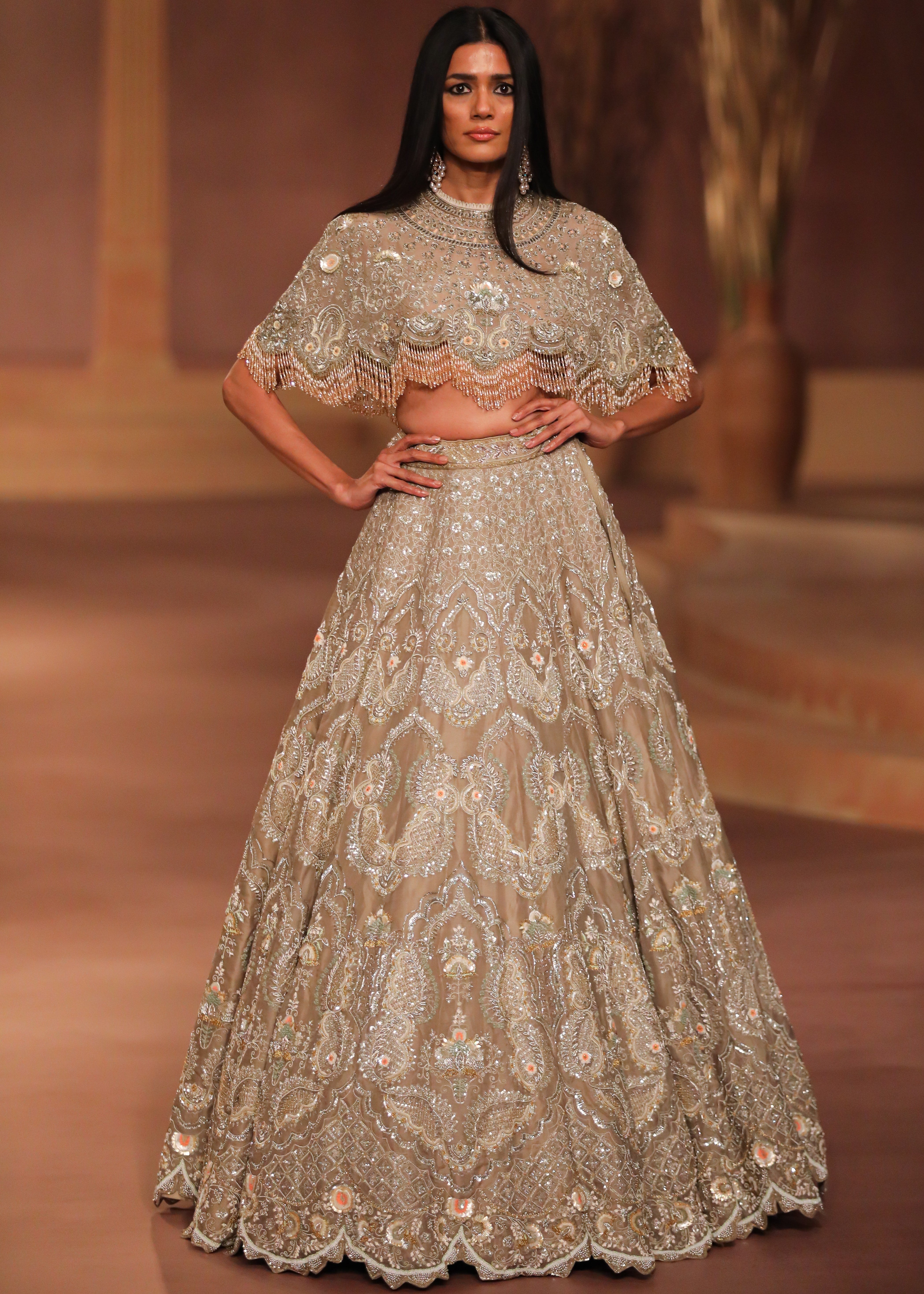 Beige Gold Cape Lehenga Set
