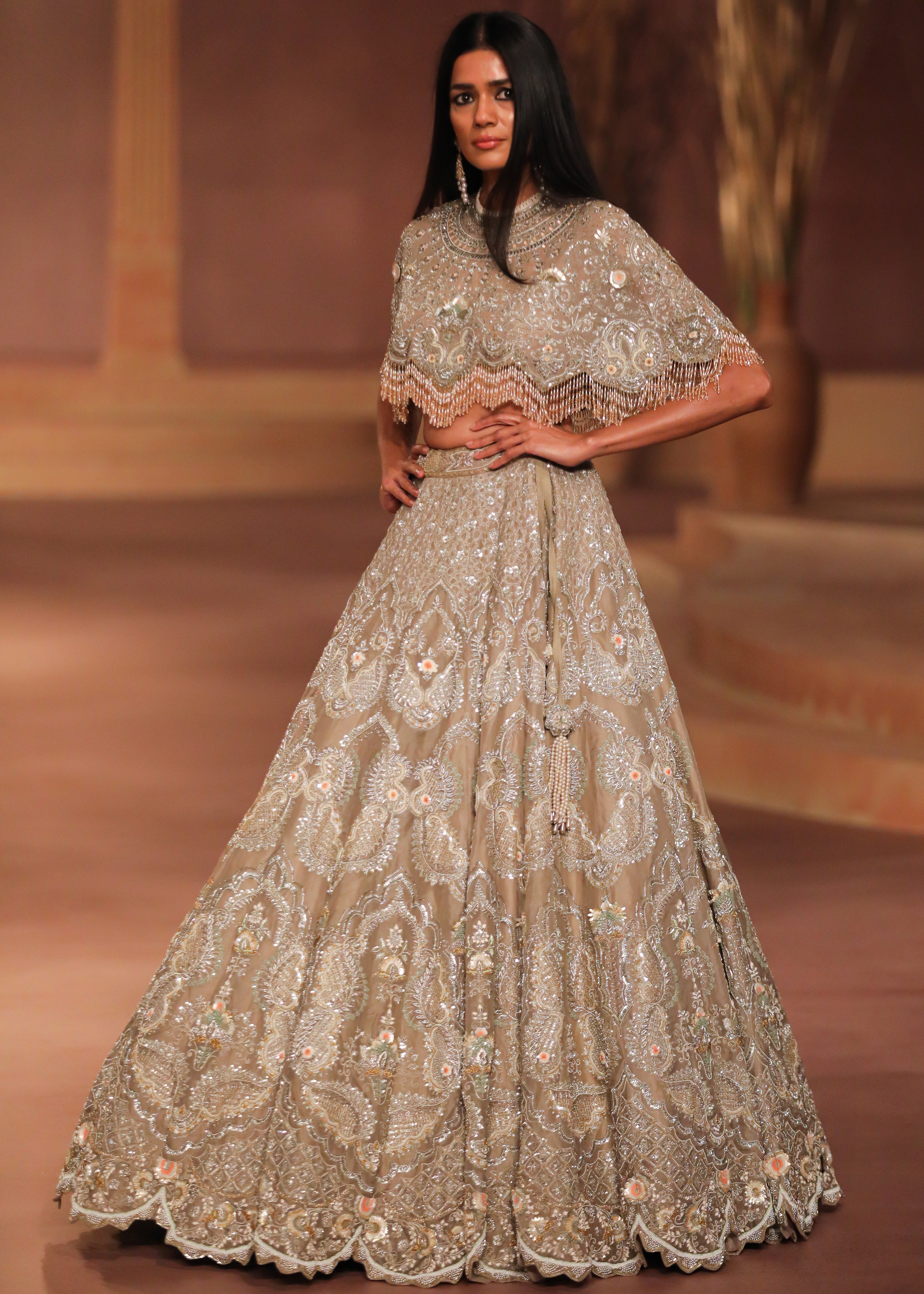 Beige Gold Cape Lehenga Set