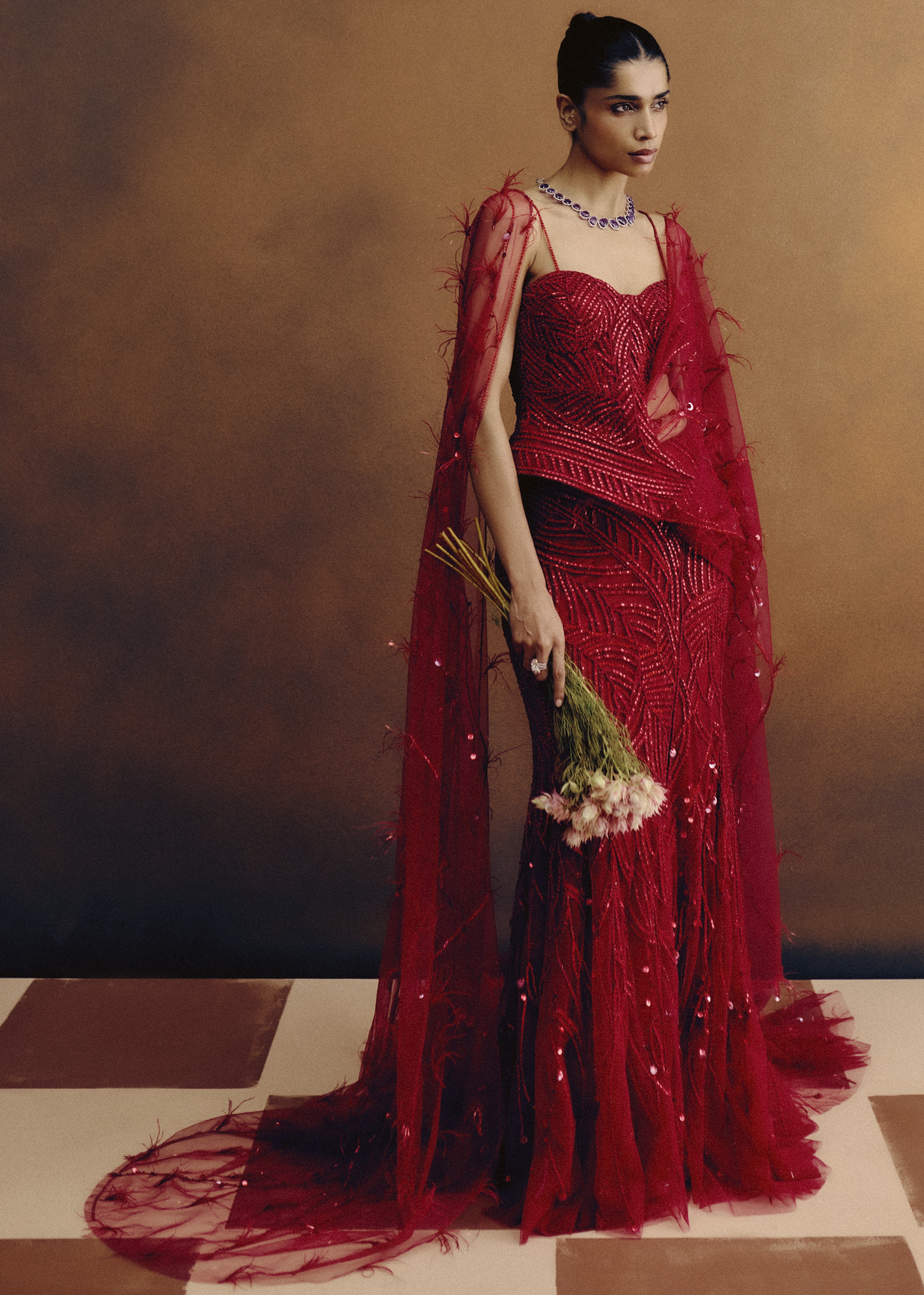 Rouge Ascend Corset & Skirt Set With A Drape Dupatta