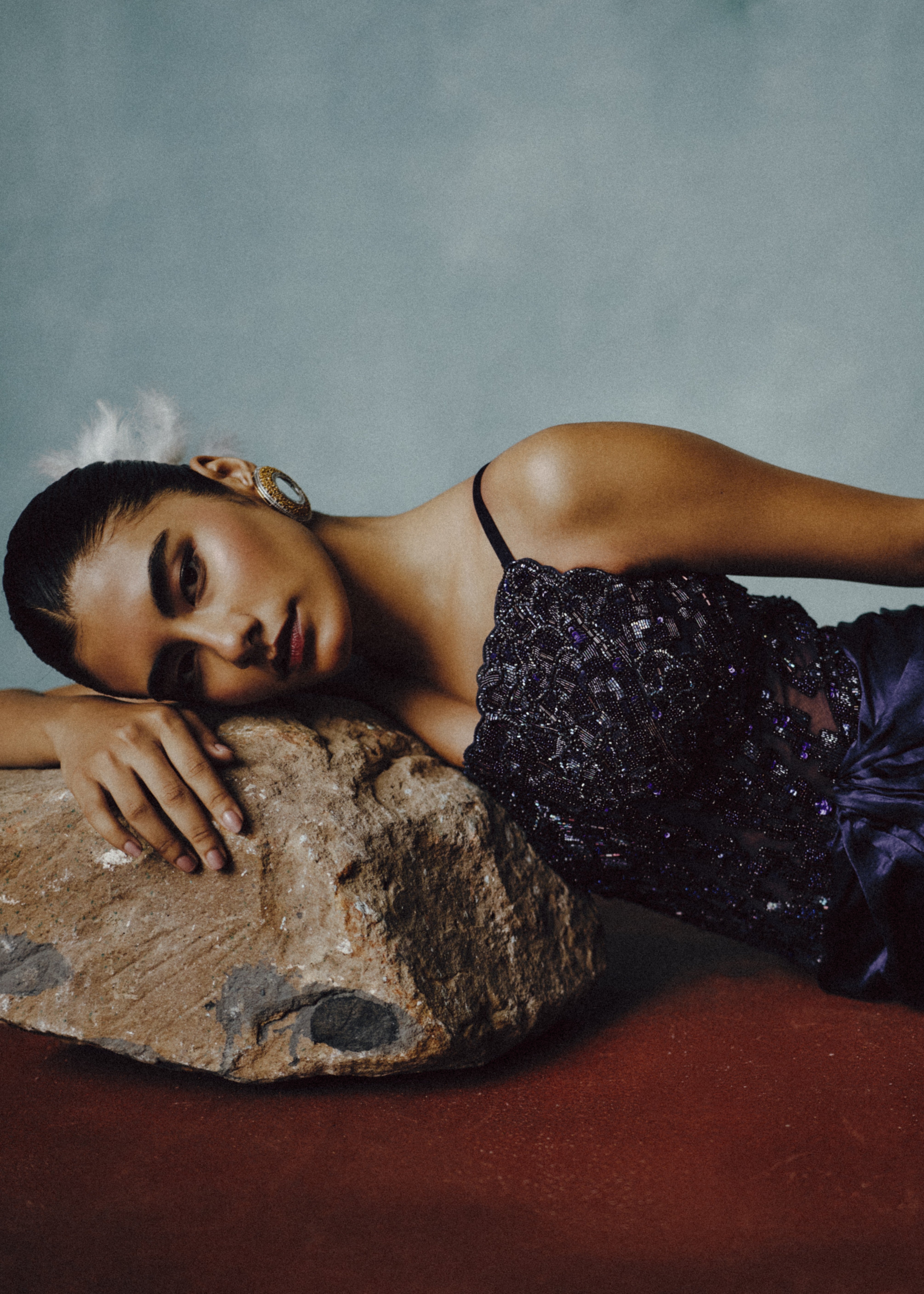 Luna Noir Beaded Slit Gown