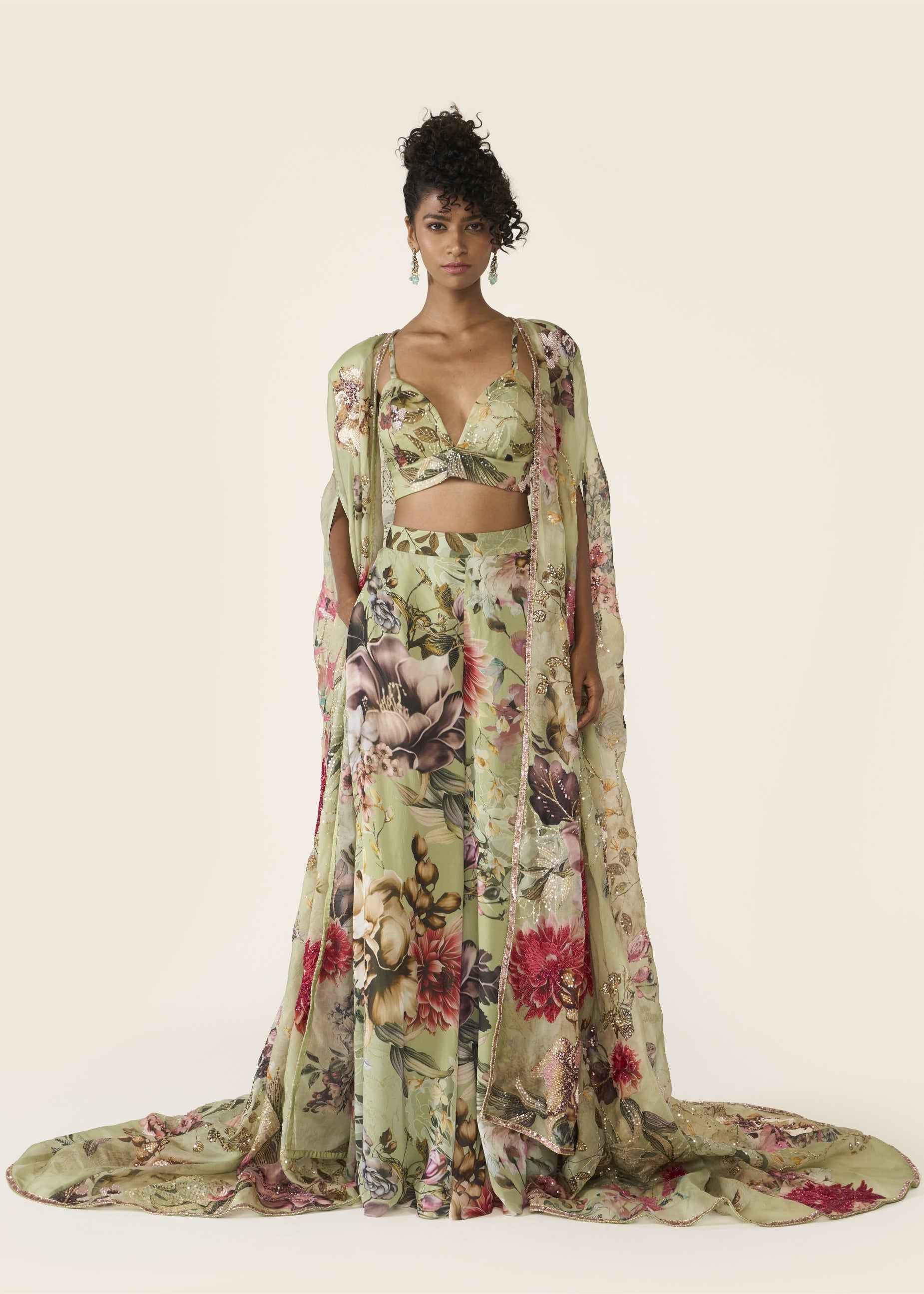 Green Printed Cape Set