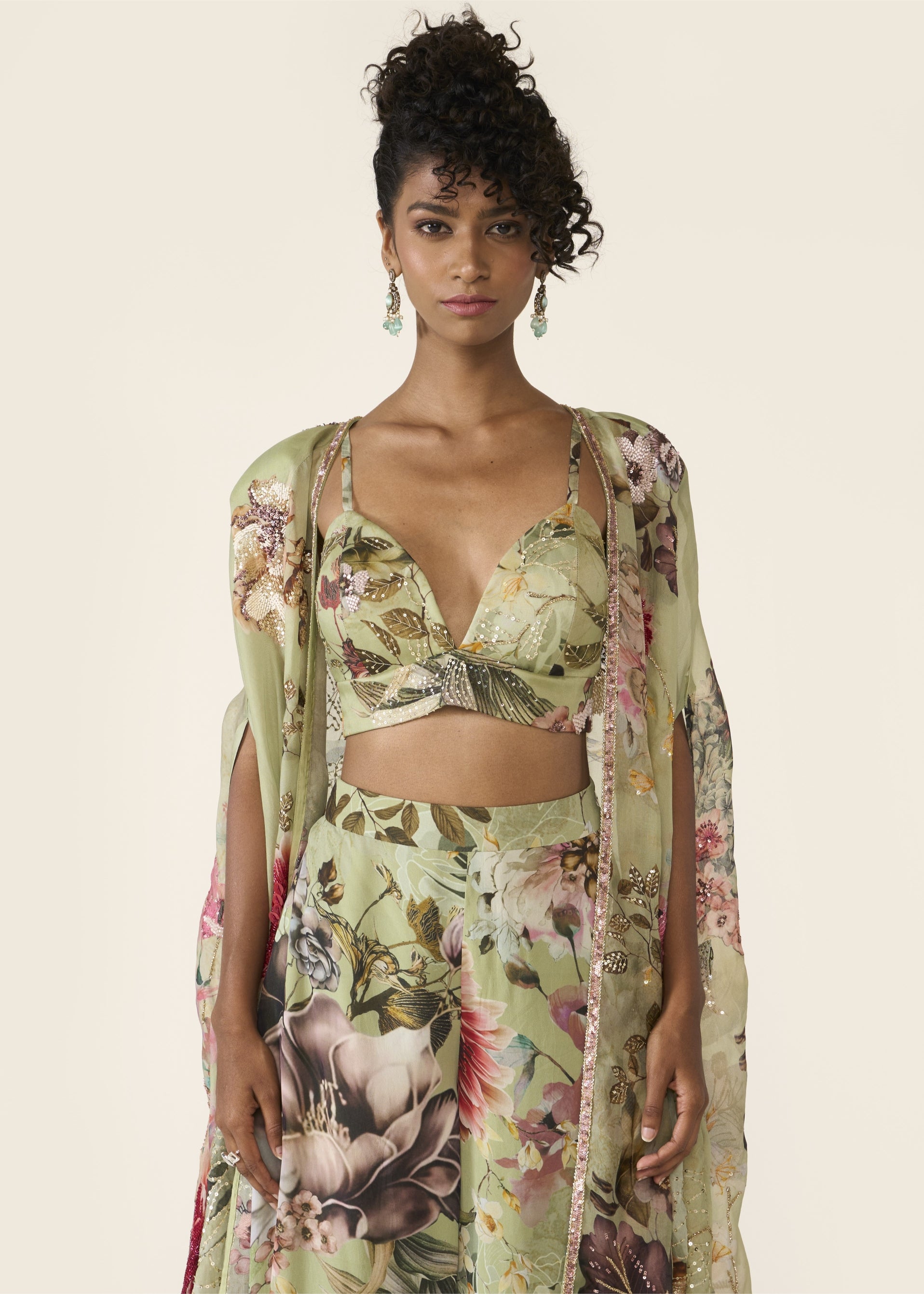 Green Printed Cape Set